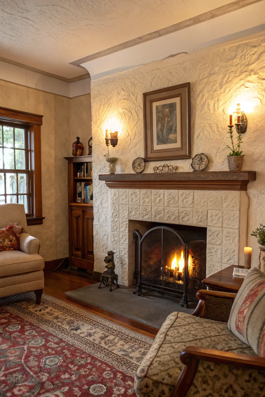 Textured plaster adding old-world charm to the fireplace.