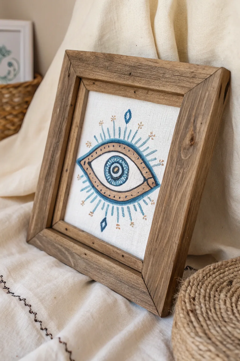 Embrace the charm of nature with this elegantly framed evil eye, a perfect blend of simplicity and style.