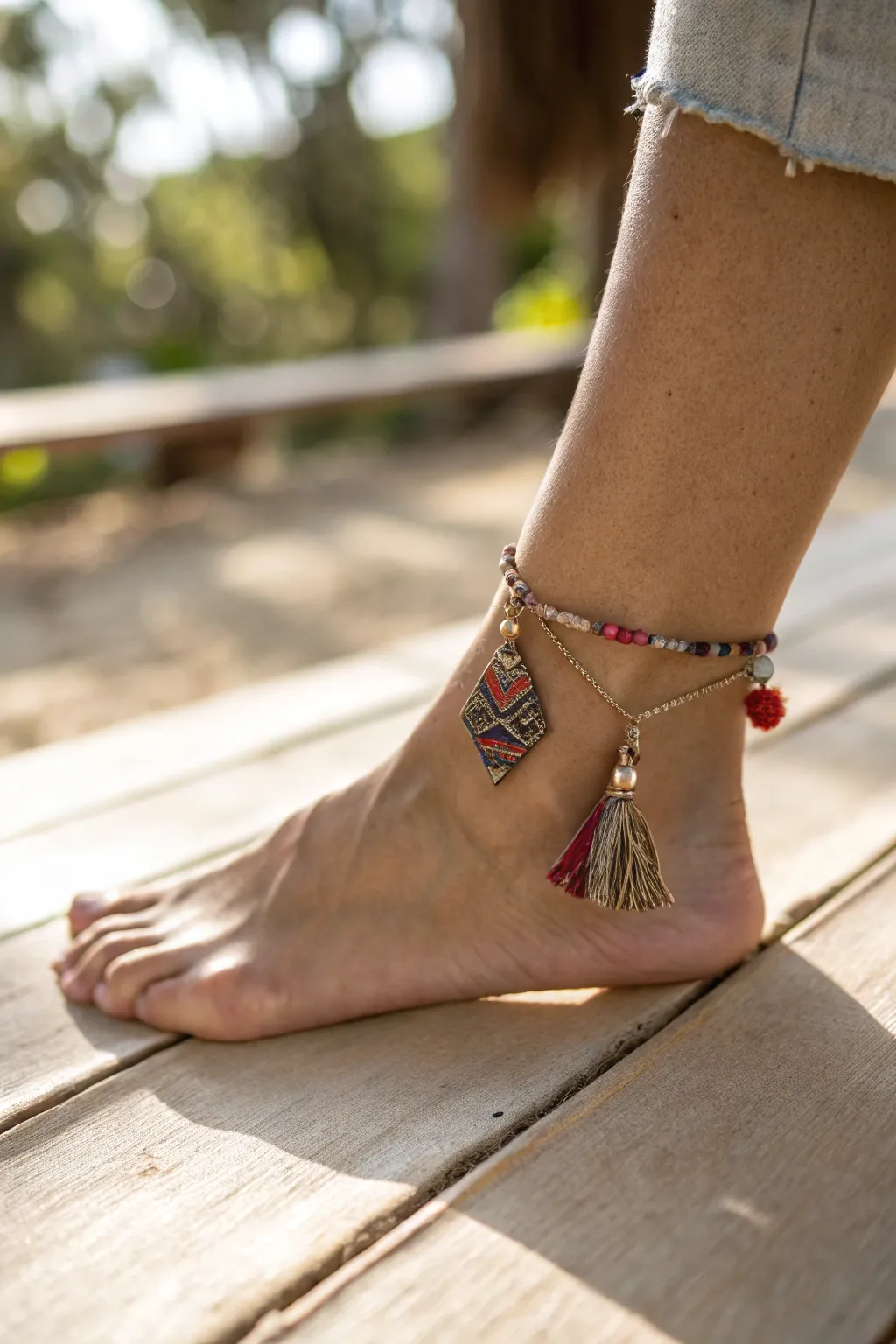 Discover the charm of fabric-embellished anklets for a touch of boho elegance.
