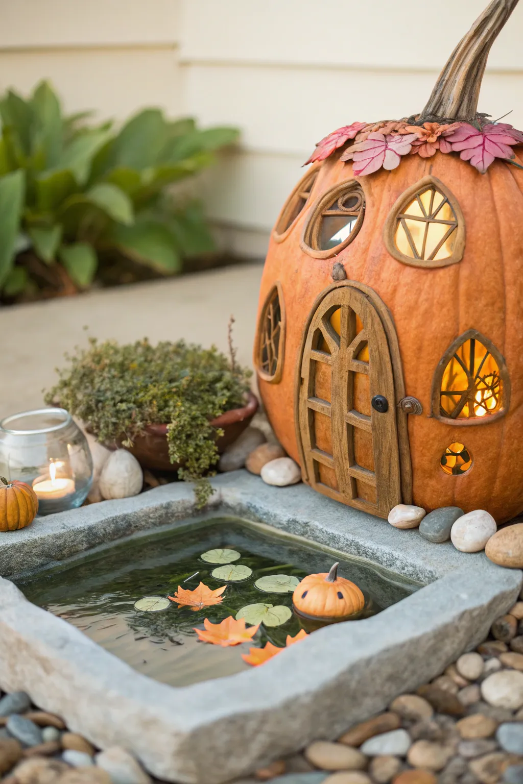 Discover tranquility with a fairy house pumpkin and its serene mini pond. Embrace the art of simple beauty this season.