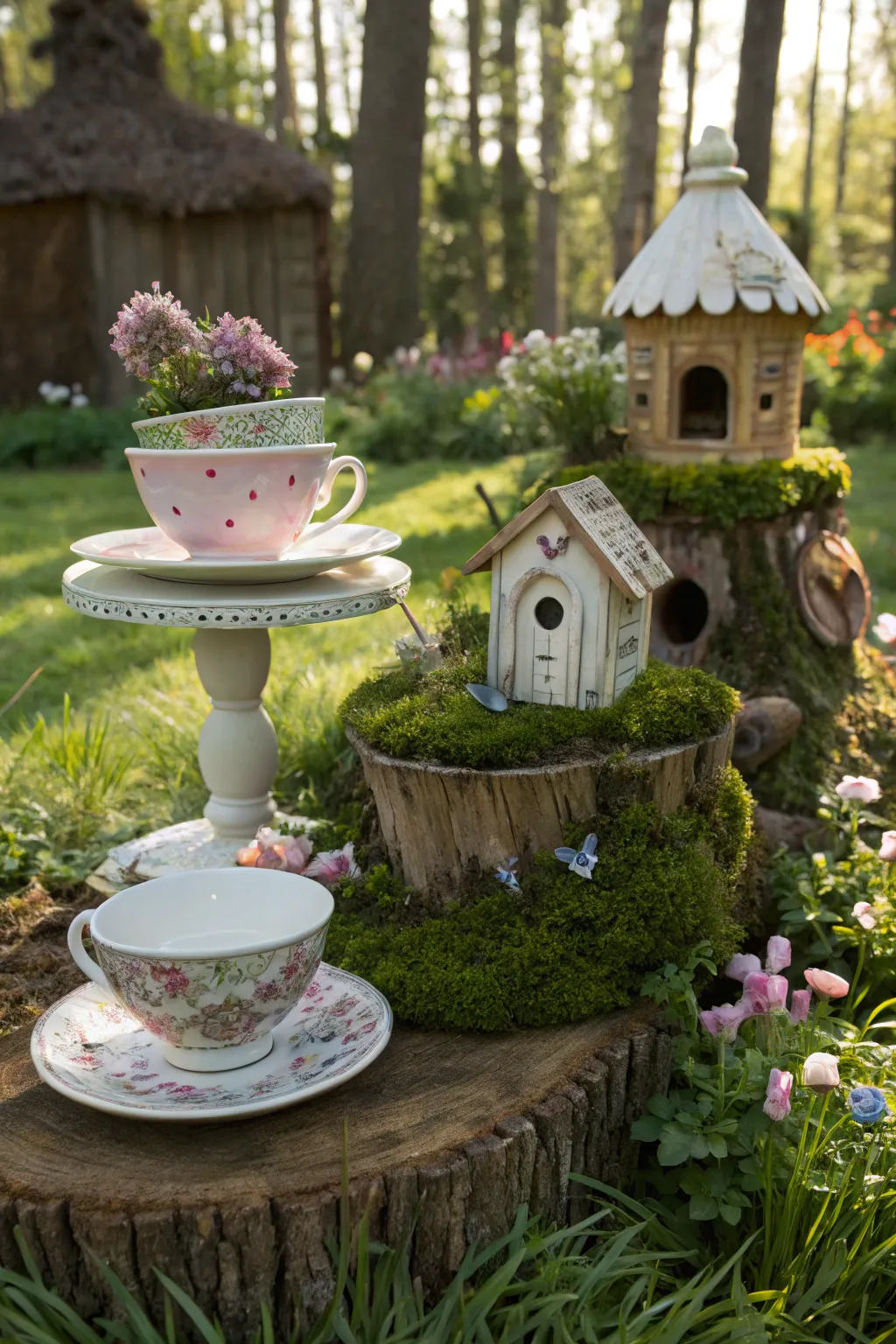 Upcycled elements bringing unique charm to the fairy landscape.
