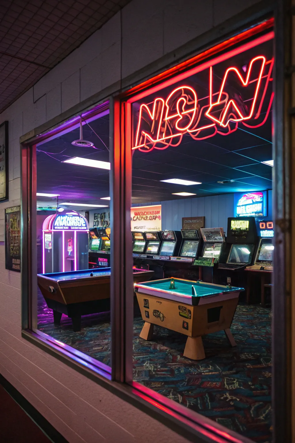 A retro neon window adds an artistic touch to any creative space.