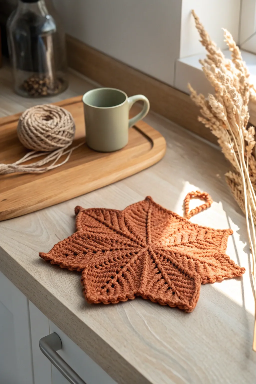 Embrace fall warmth with this beautifully crafted maple leaf potholder.