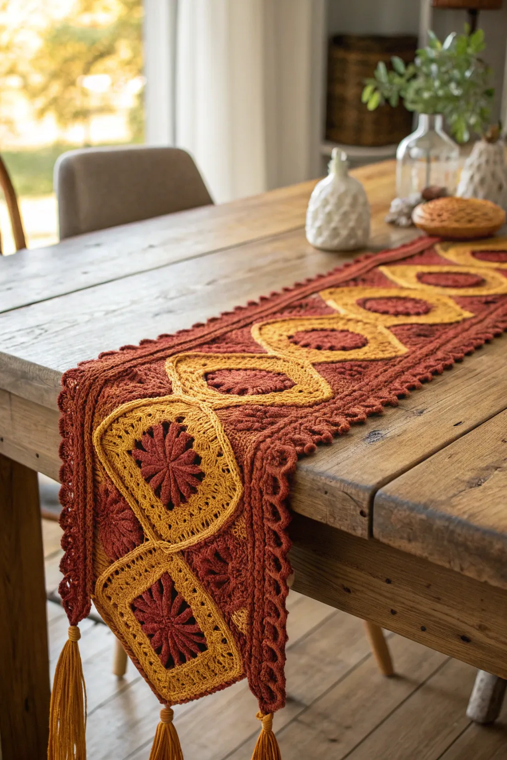 Transform your dining experience with a handcrafted crochet table runner in rich fall hues.