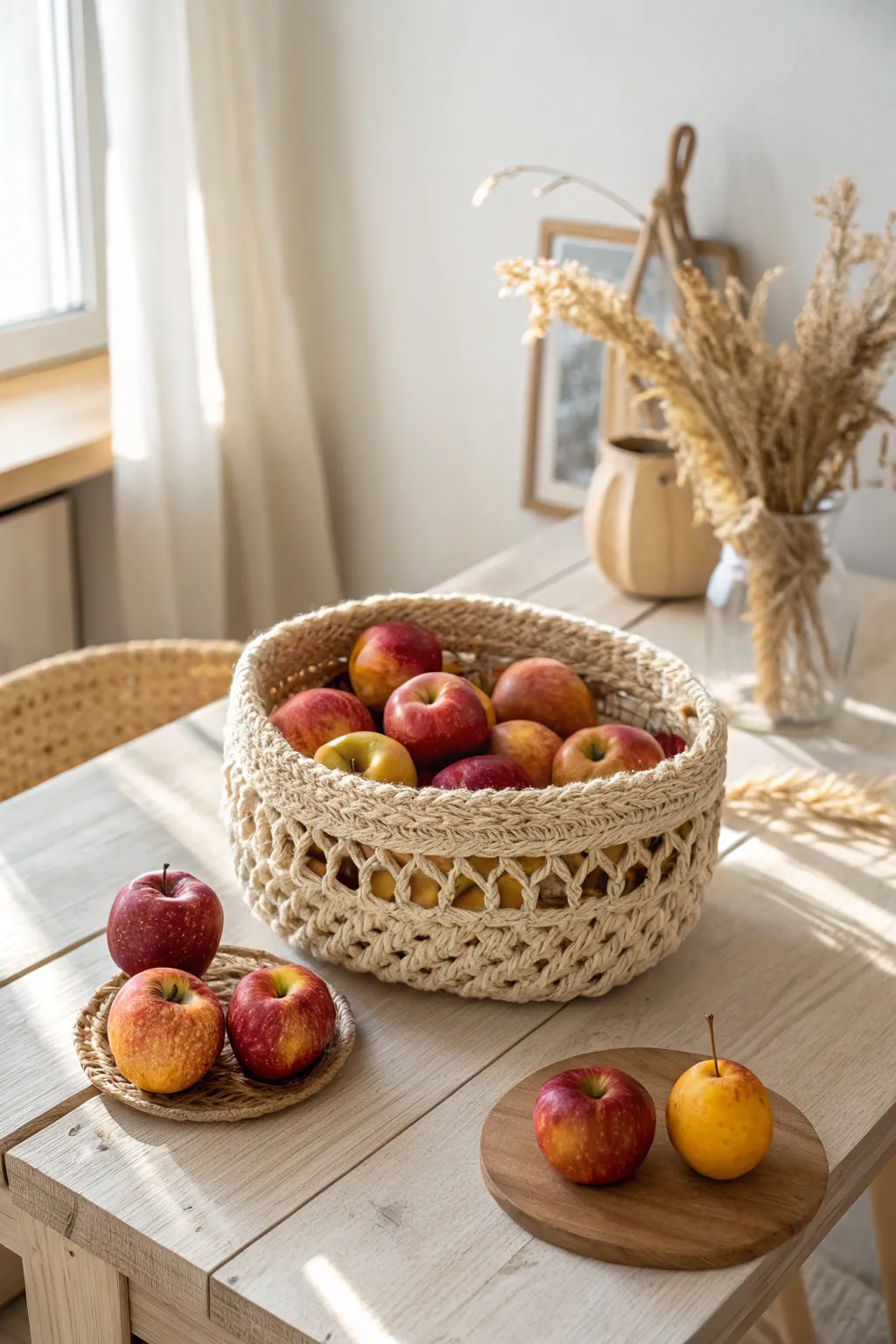 Embrace autumn indoors with a handmade crochet apple basket that captures the essence of fall's natural beauty.