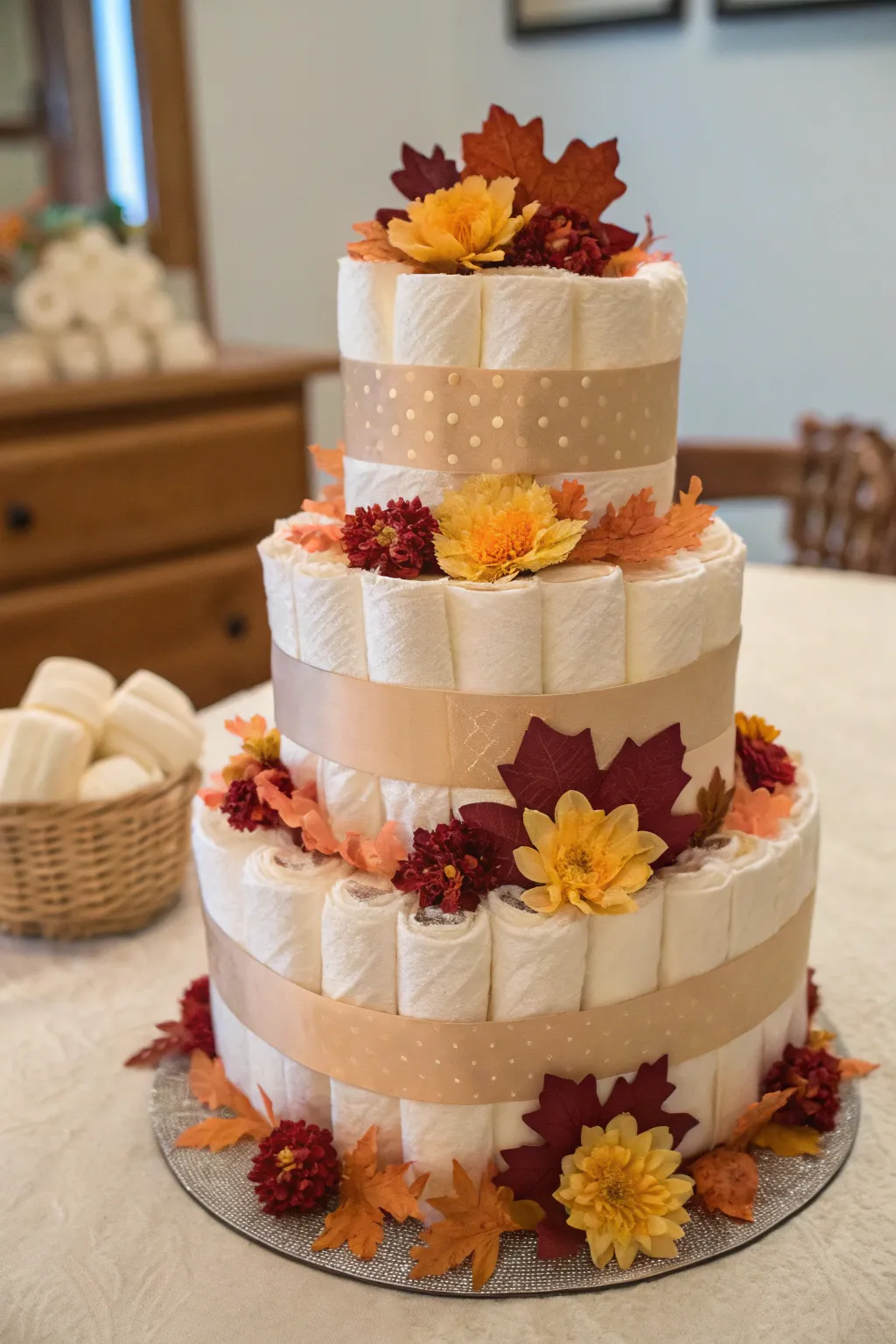 Embrace the magic of a frosty fall morning with this enchanting diaper cake, perfect for a touch of seasonal elegance.