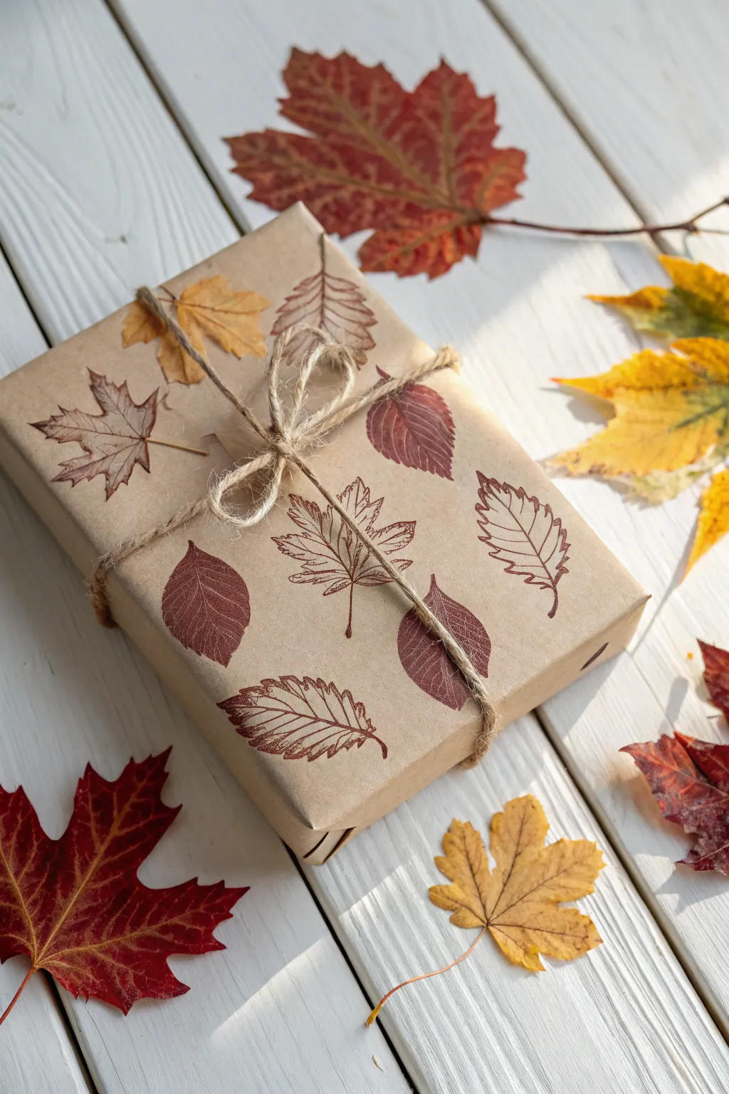 Add a personal touch to your gifts this fall with DIY leaf-stamped wrapping paper. Perfect for the nature-loving minimalist.