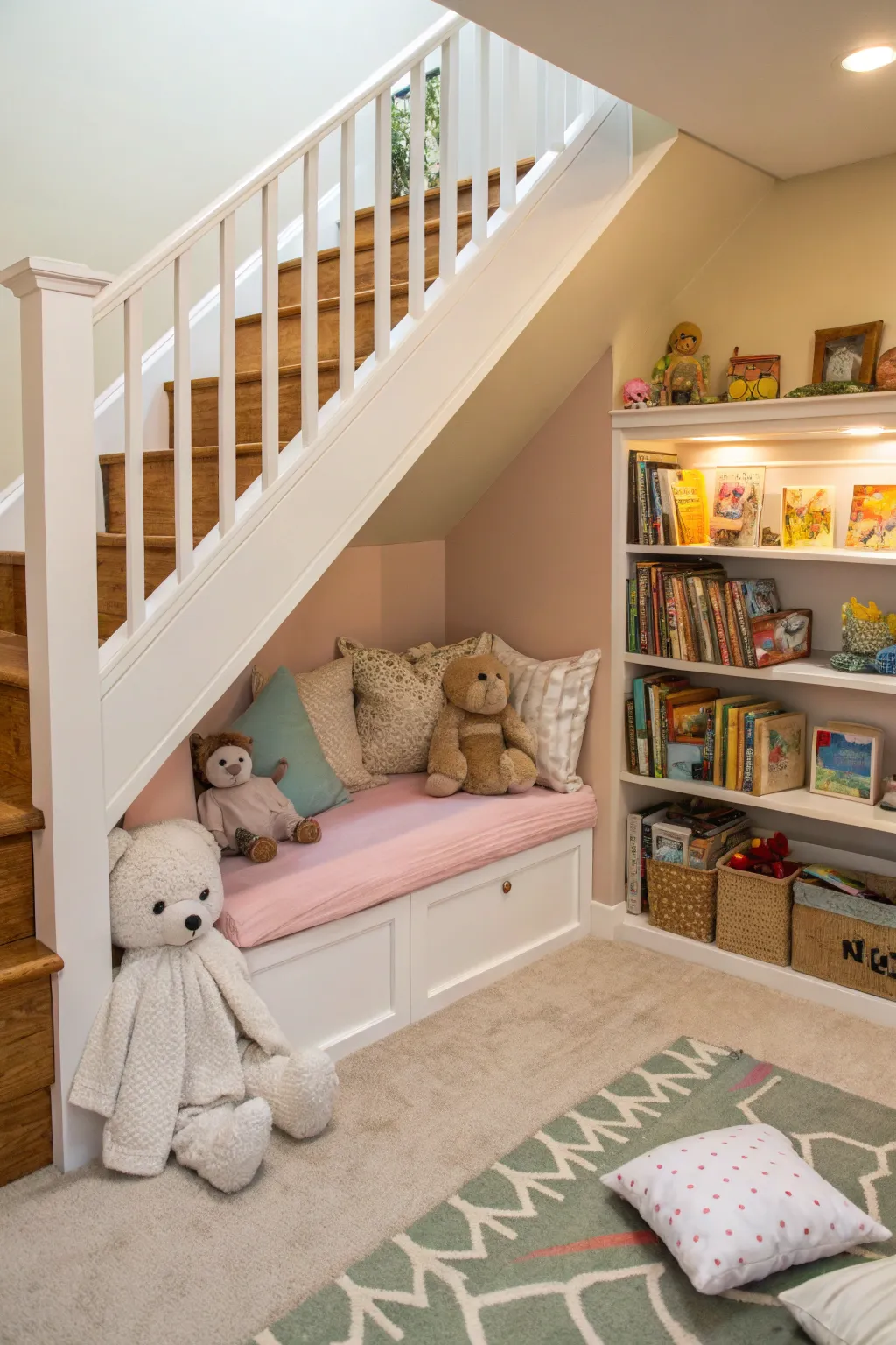 A cozy play nook cleverly utilizes the space under the stairs.