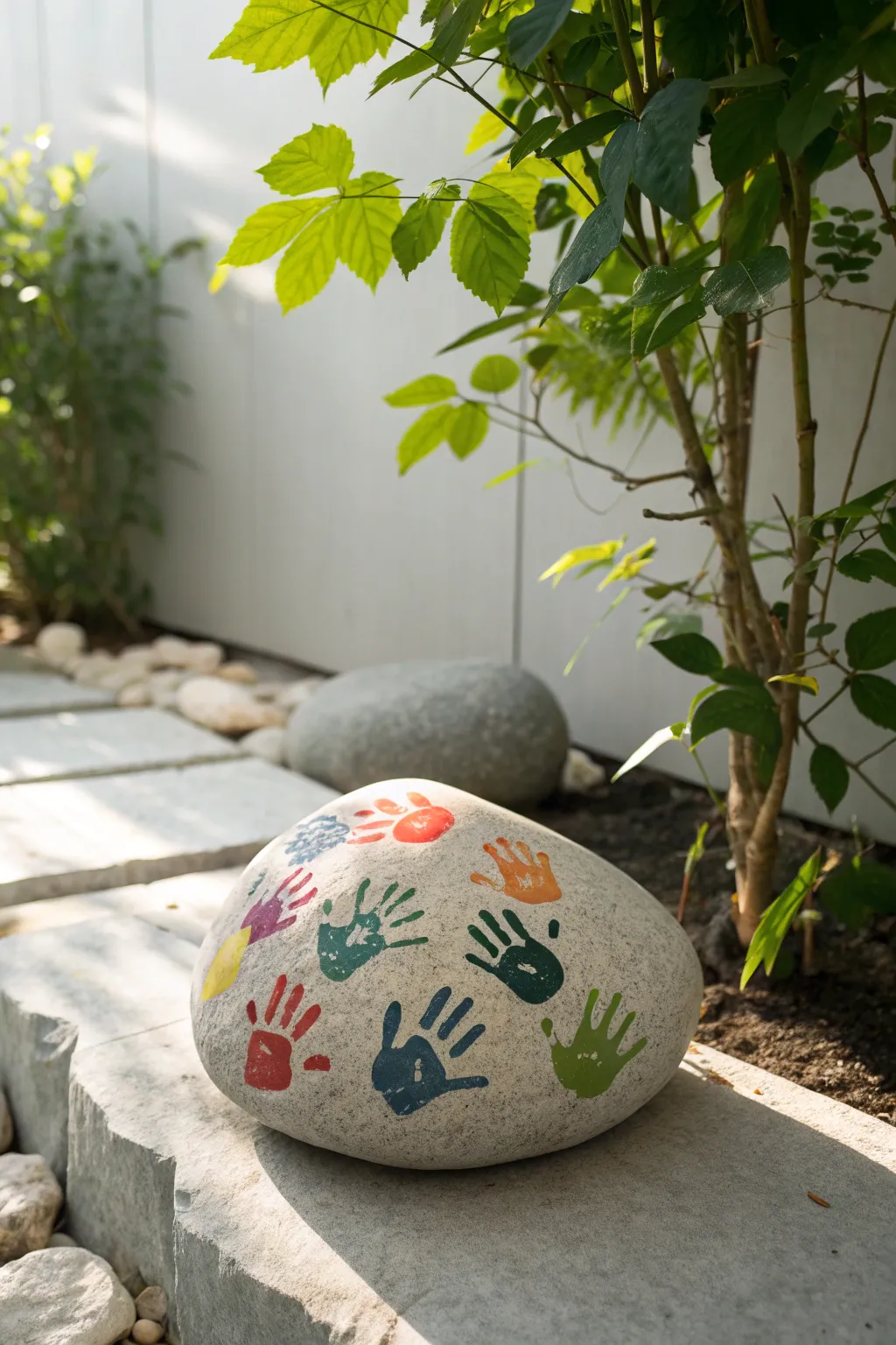 Add a personal touch to your garden with handcrafted handprint stones, a vibrant reminder of family amidst nature's calm.