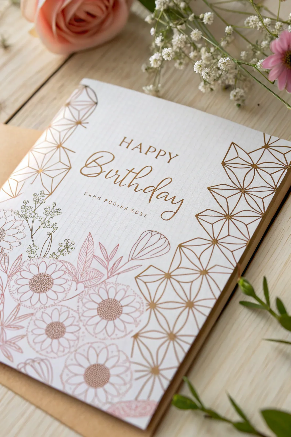 Embrace the elegance of Geometric Floral Fusion for a truly unique birthday card experience.