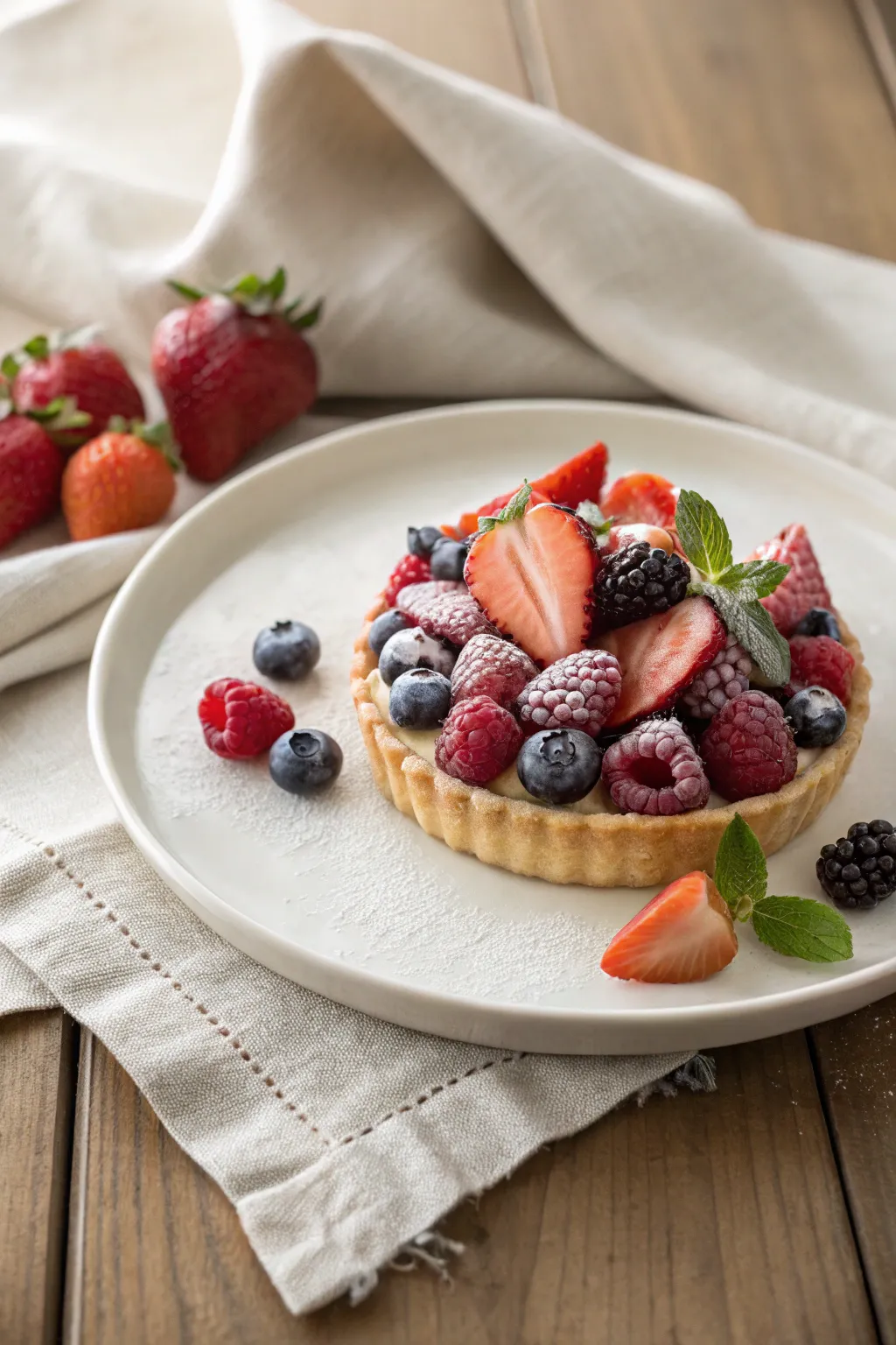 Indulge in the simple elegance of a frozen fruit tart, a perfect treat for sunny days.
