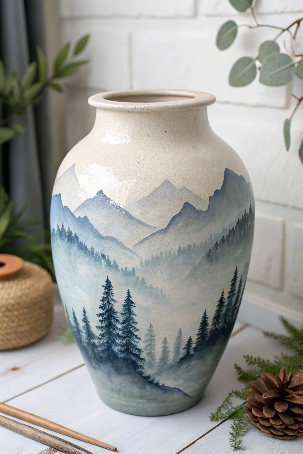 Embrace tranquility with mystical mountain art on handcrafted clay.