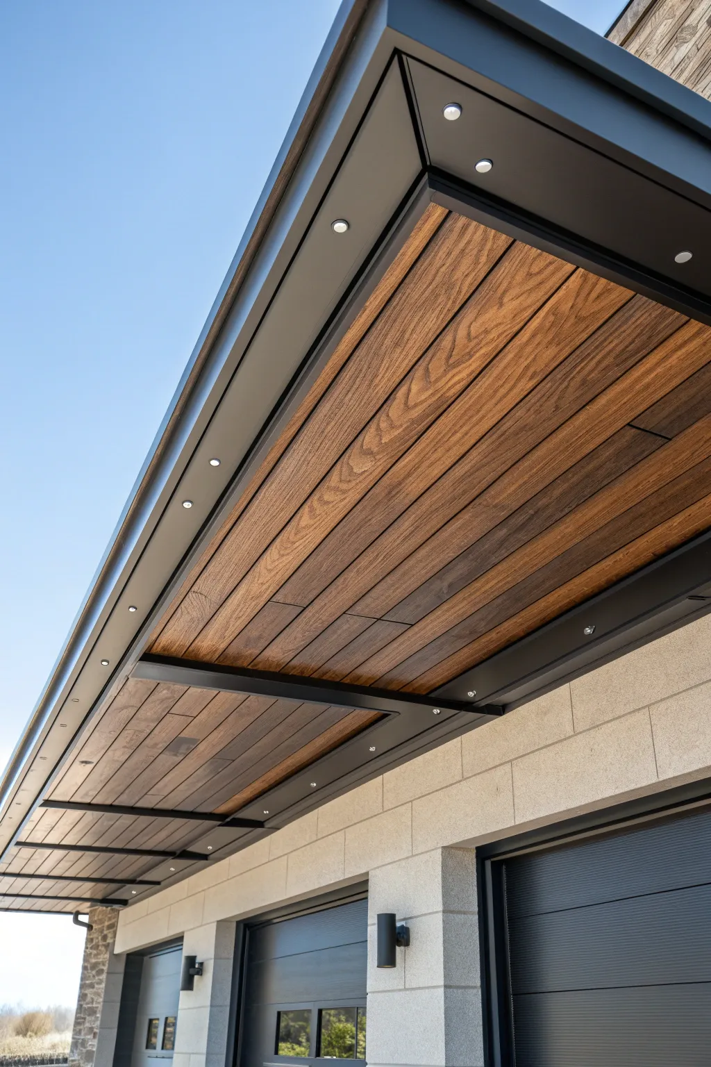 Elevate your garage with a modern blend of wood and metal—where craftsmanship meets style.