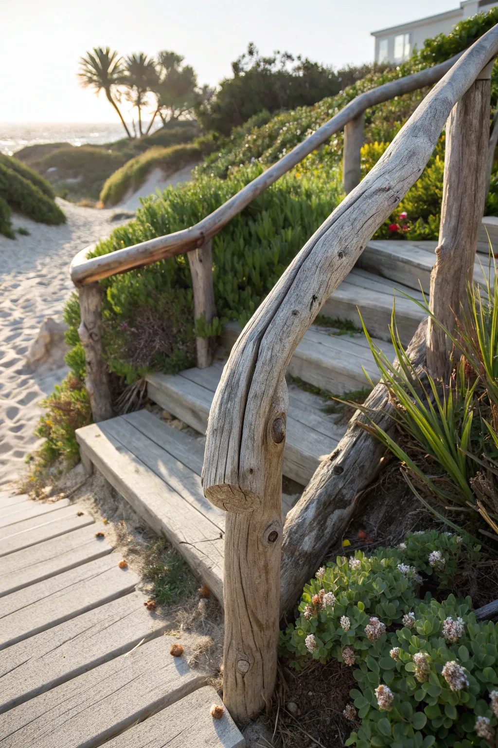Bring the beach to your garden with a unique driftwood handrail.