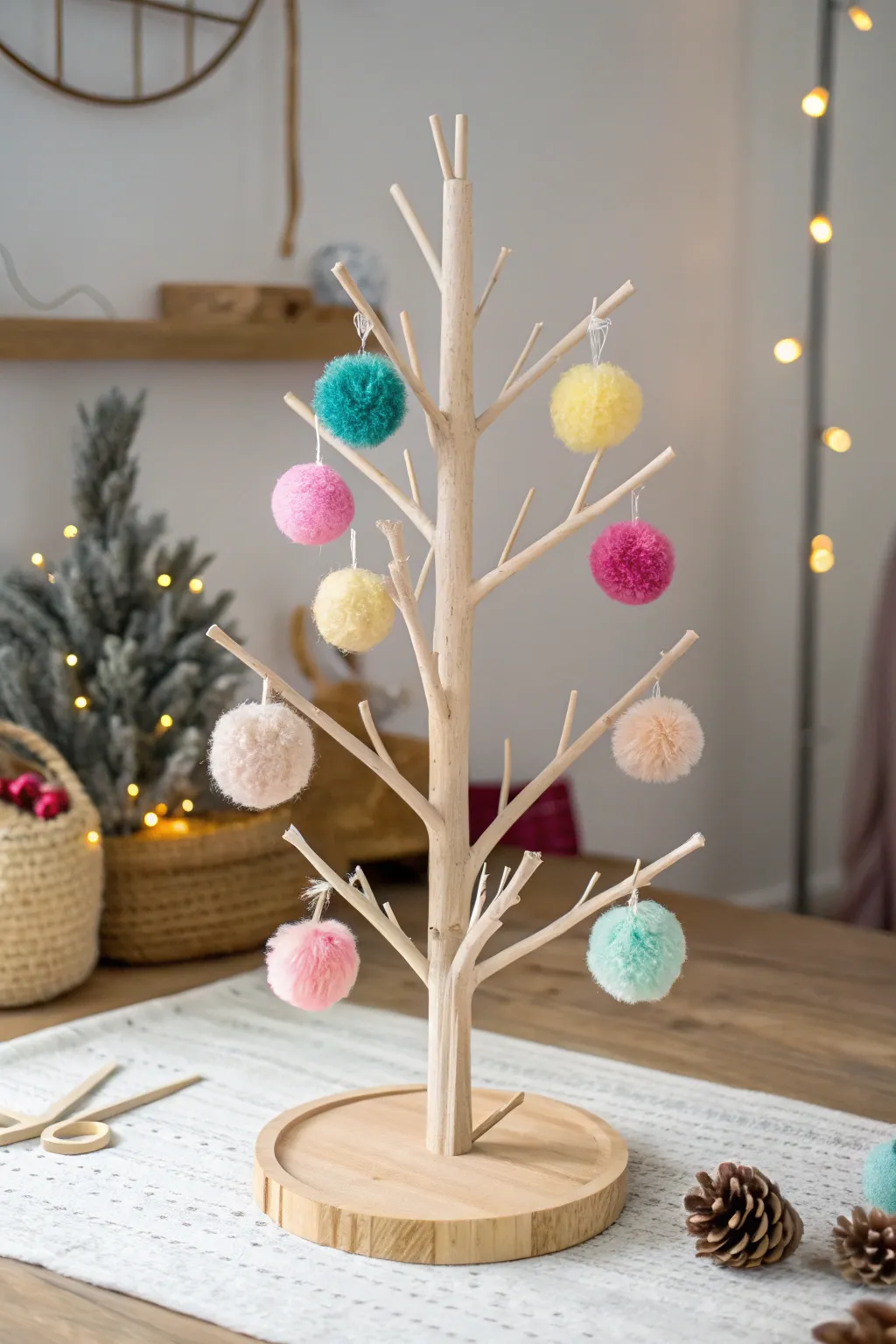 Bring a playful pop of color to your gift card tree with handcrafted pom-poms, blending minimalist elegance with a touch of Boho flair.
