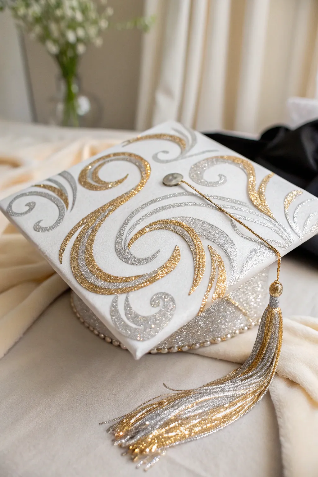 Unleash your creativity with this stunning glitter graduation cap, where abstract art meets minimalist design.