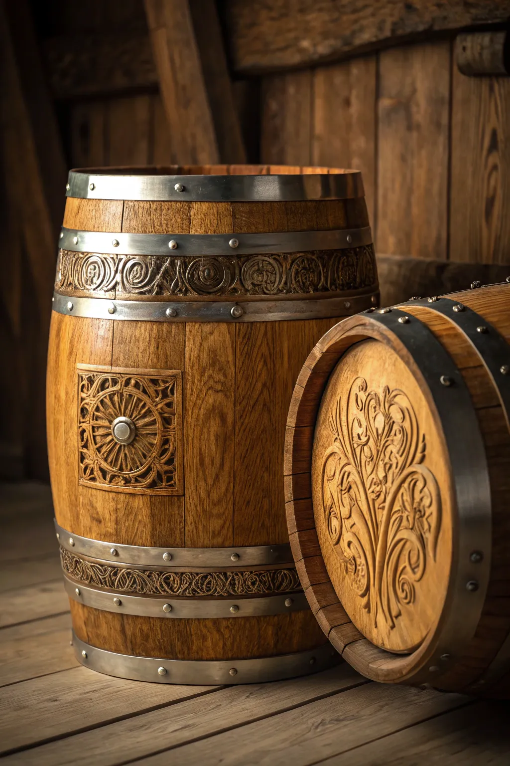Elevate your storage with this exquisite handcrafted grain barrel, where function meets style.