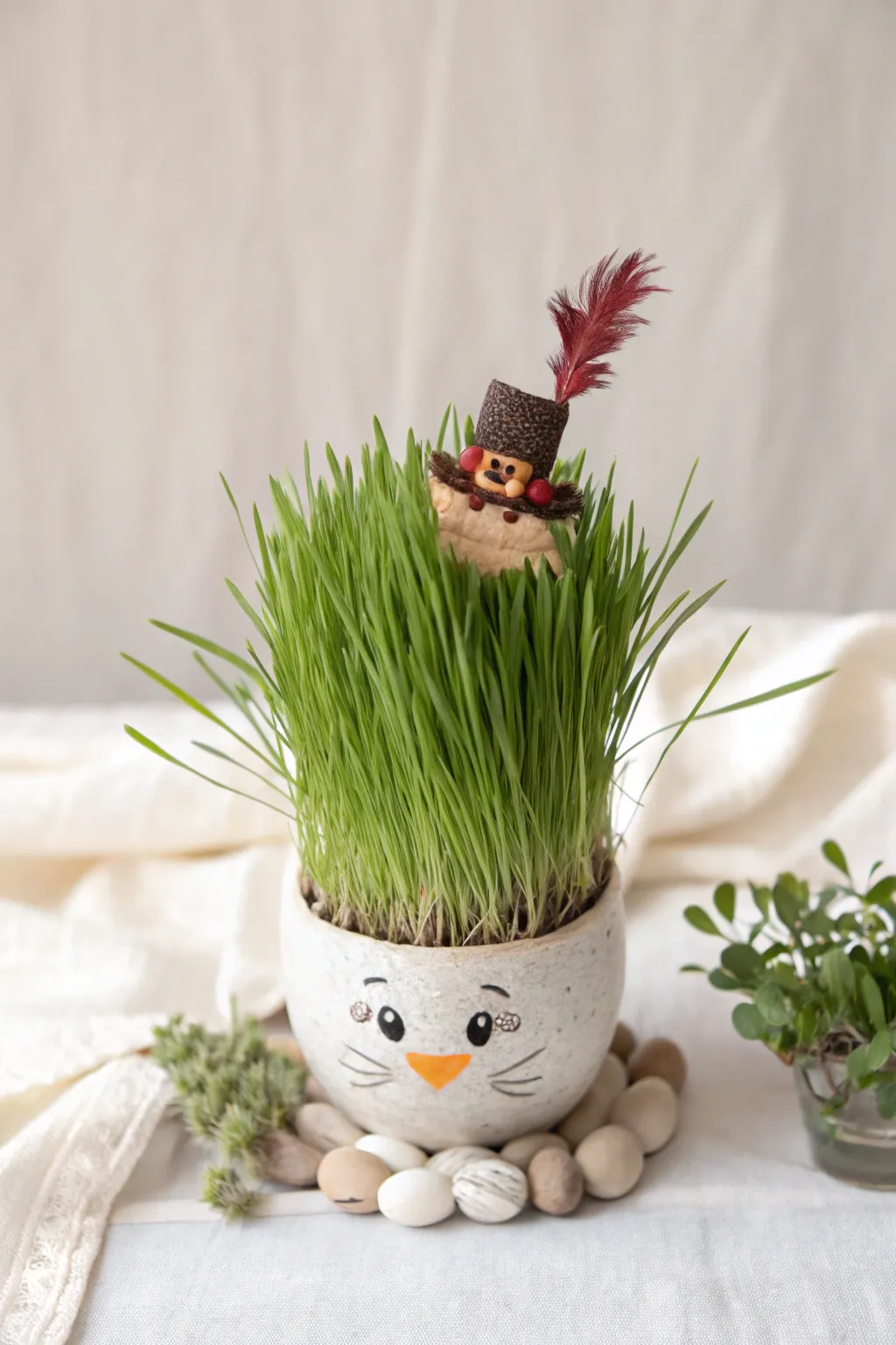 Celebrate the season with minimalist charm: a handcrafted grass head dressed for the holidays.