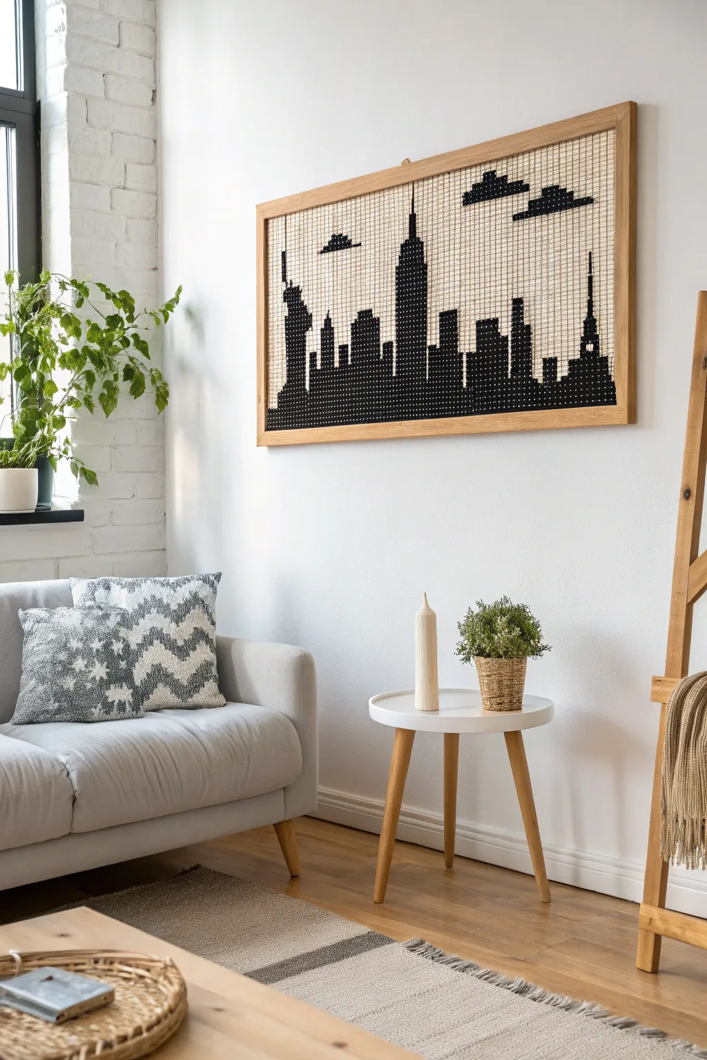 Elevate your space with a chic cityscape silhouette in pixel art, blending urban vibes with Scandinavian minimalism.