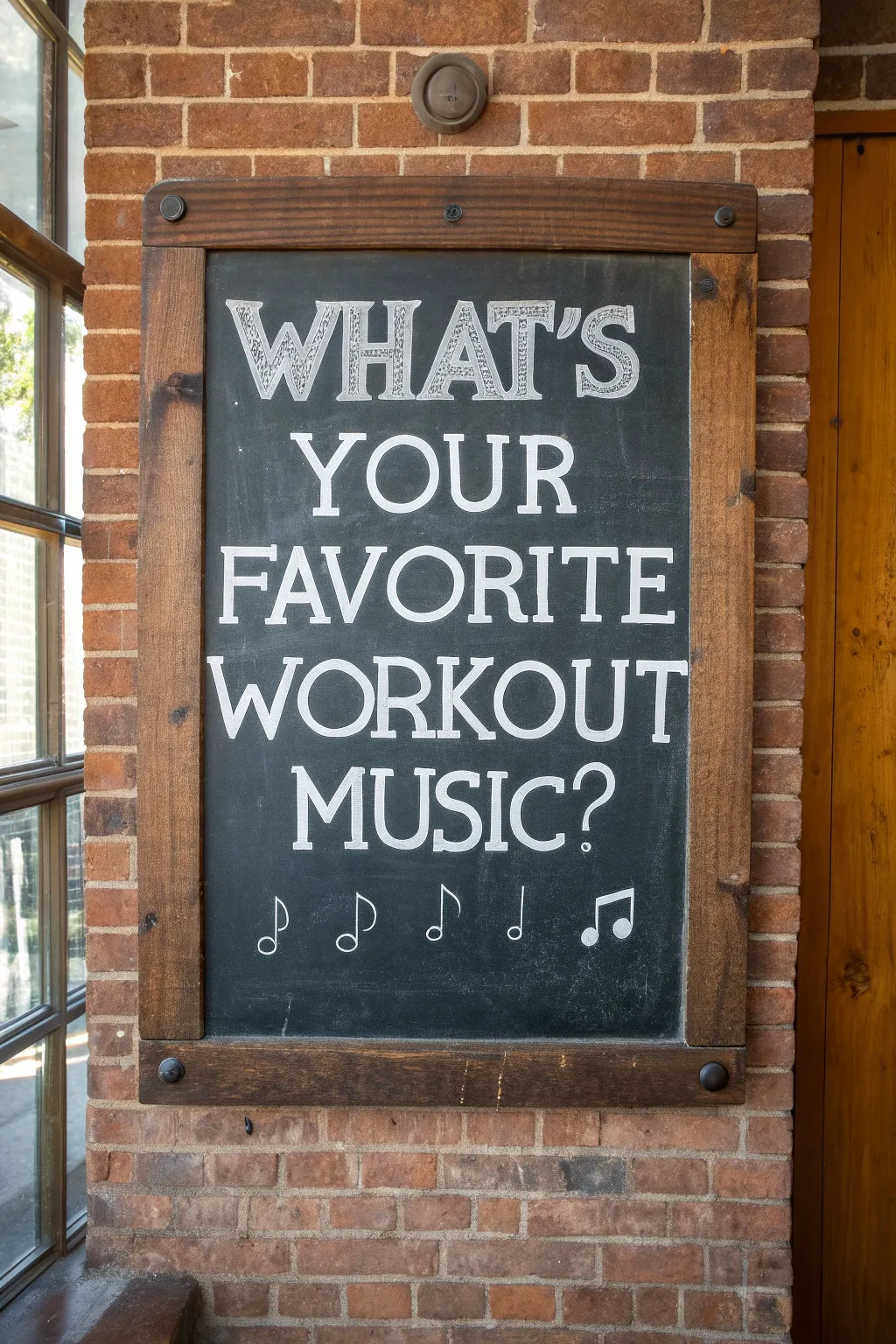 Engage the gym crowd with a classic chalkboard poll: 'What's your favorite workout music?'