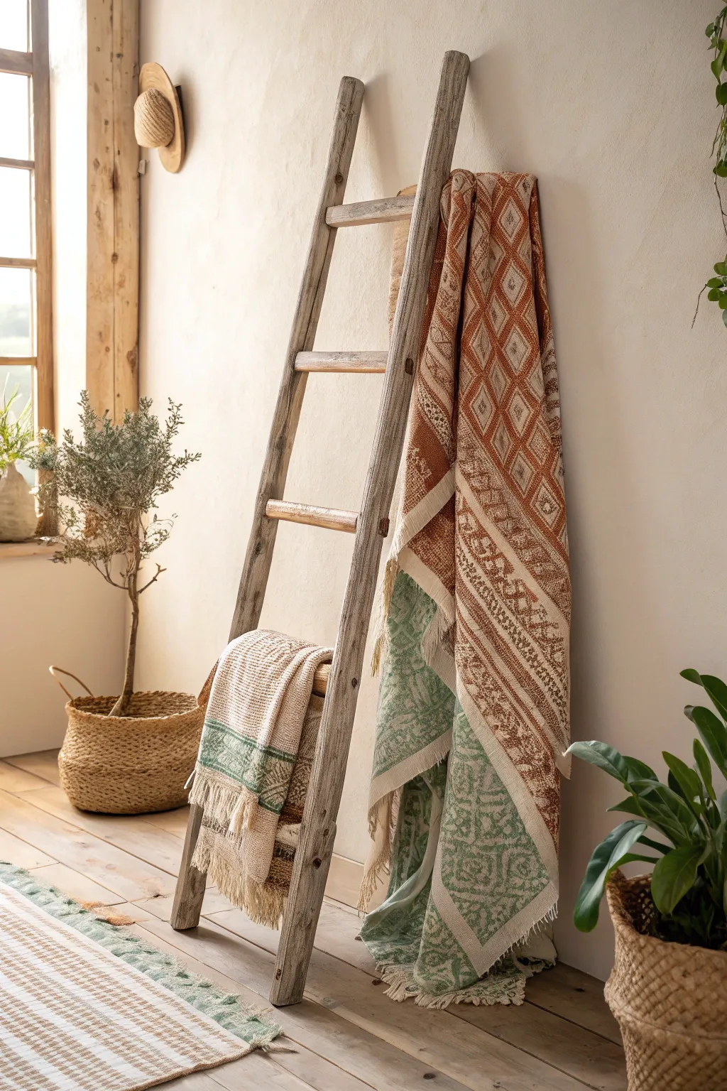 Transform vintage treasures into boho-chic decor: a weathered ladder becomes a cozy throw blanket display. #BohoDecor #VintageFinds