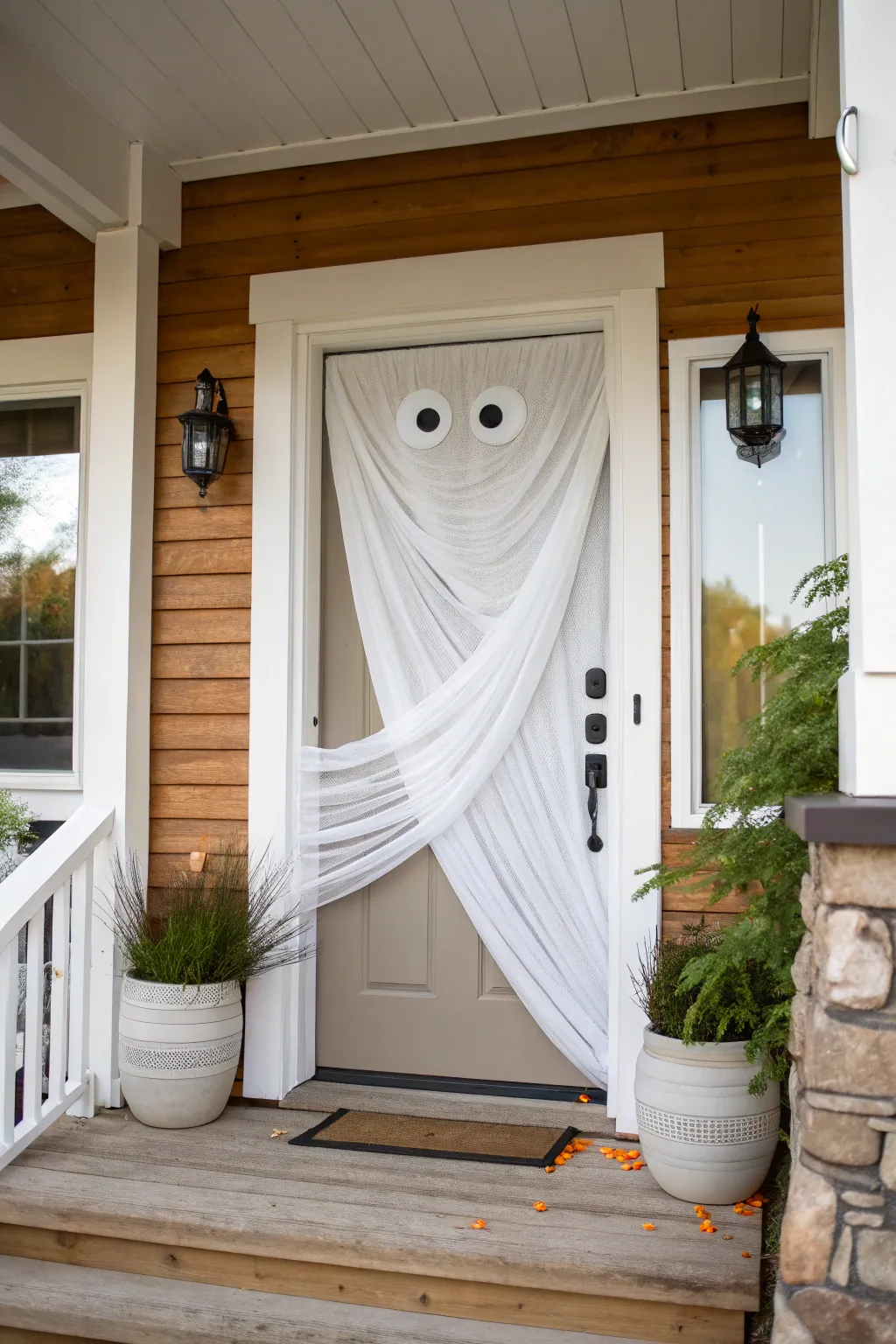 Transform your entryway with a chic mummy-inspired door for a minimalist Halloween vibe!