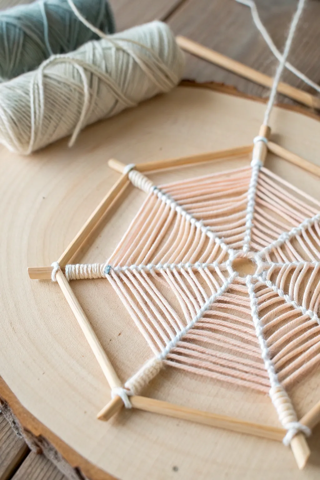 Get tangled in creativity with this chic popsicle stick and yarn spider web, where Scandinavian minimalism meets Boho flair!