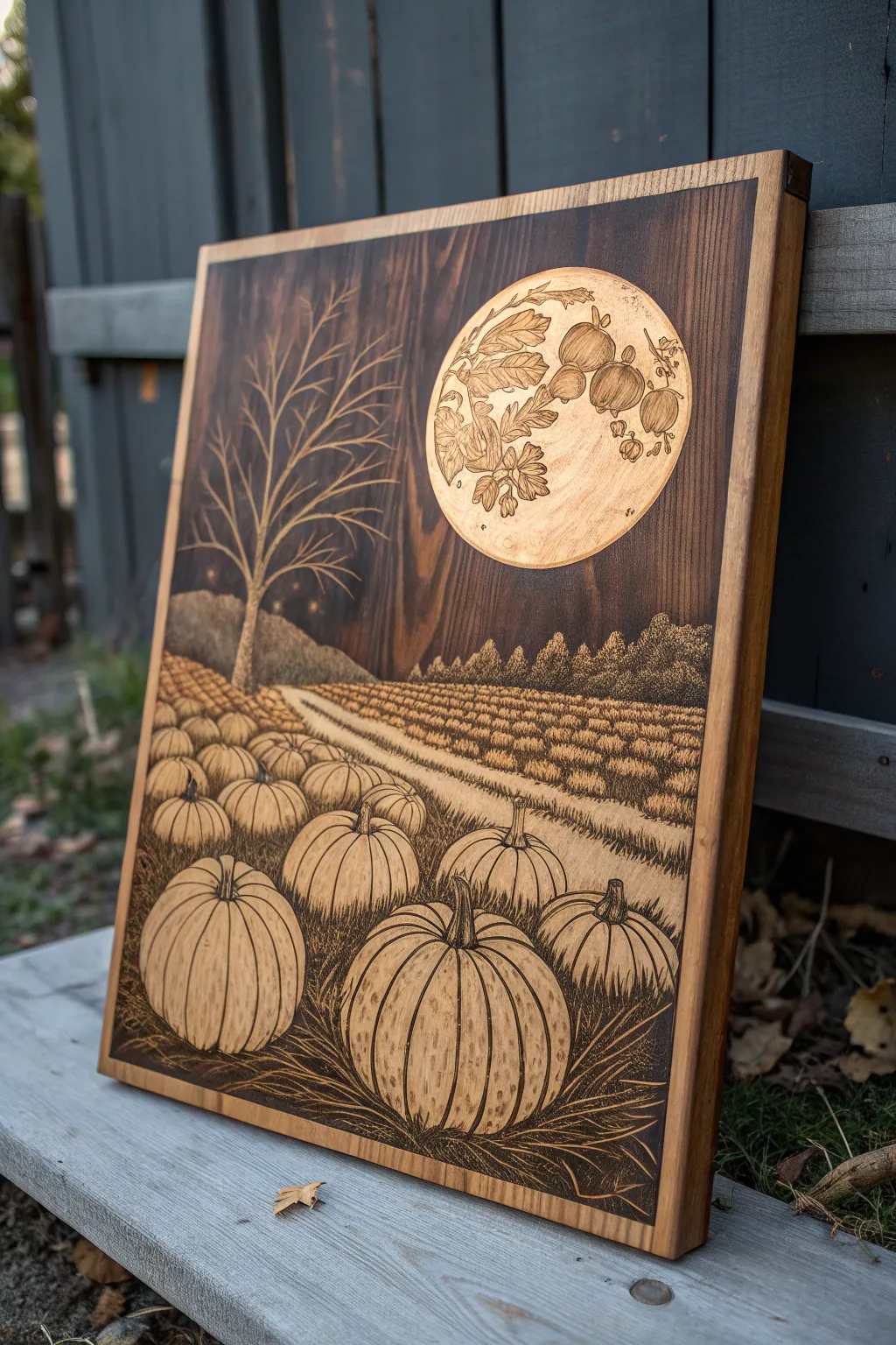 Embrace the magic of Halloween with this masterfully crafted wood burning art of a harvest moon over a pumpkin patch.