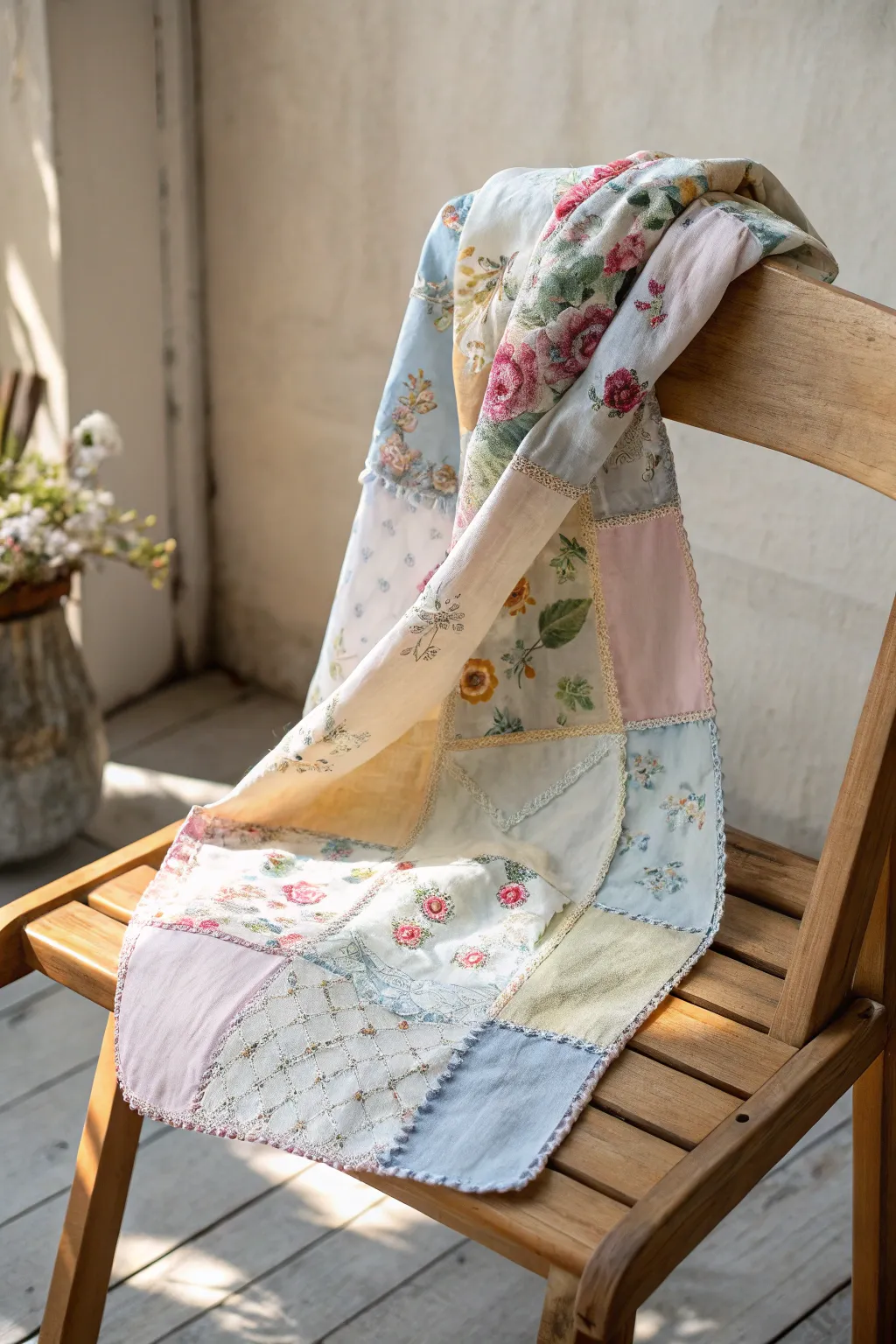 Wrap yourself in warmth and style with this charming patchwork scarf, a perfect blend of craftsmanship and natural beauty.