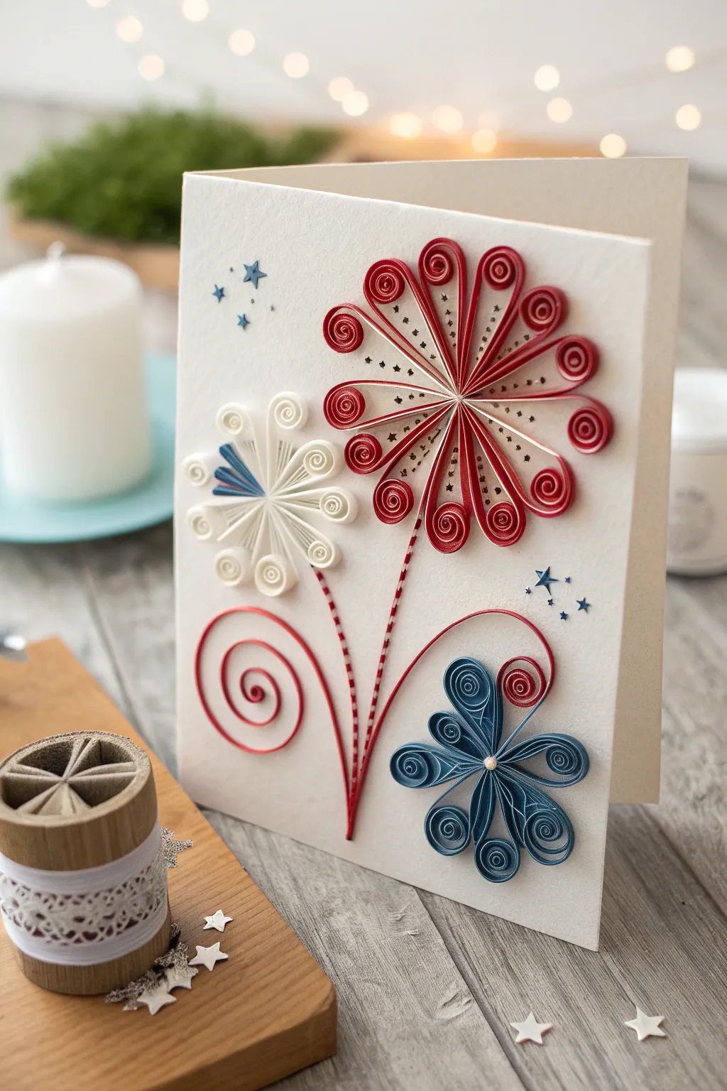 Celebrate Independence Day with a touch of elegance - handmade quilled fireworks card!