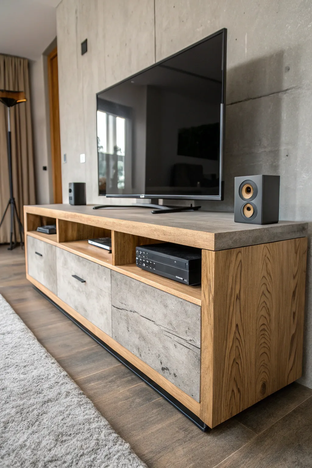 Elevate your space with the perfect blend of concrete and wood craftsmanship.