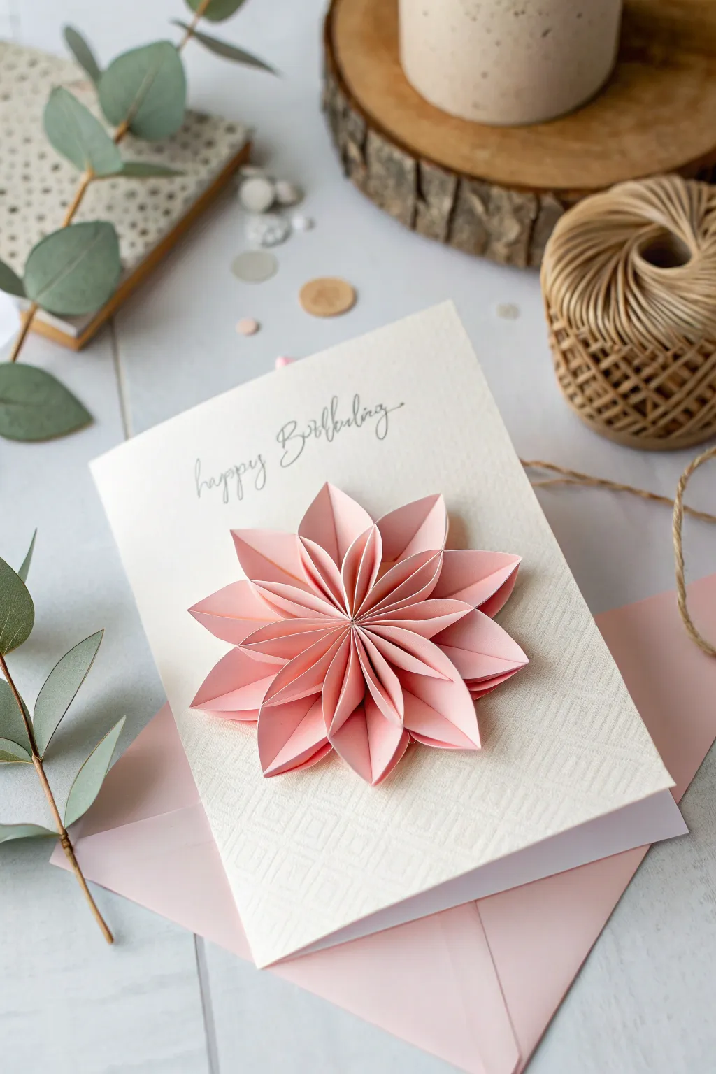 Unfold a surprise with this beautifully crafted origami pop-up birthday card. Simple elegance meets intricate design.