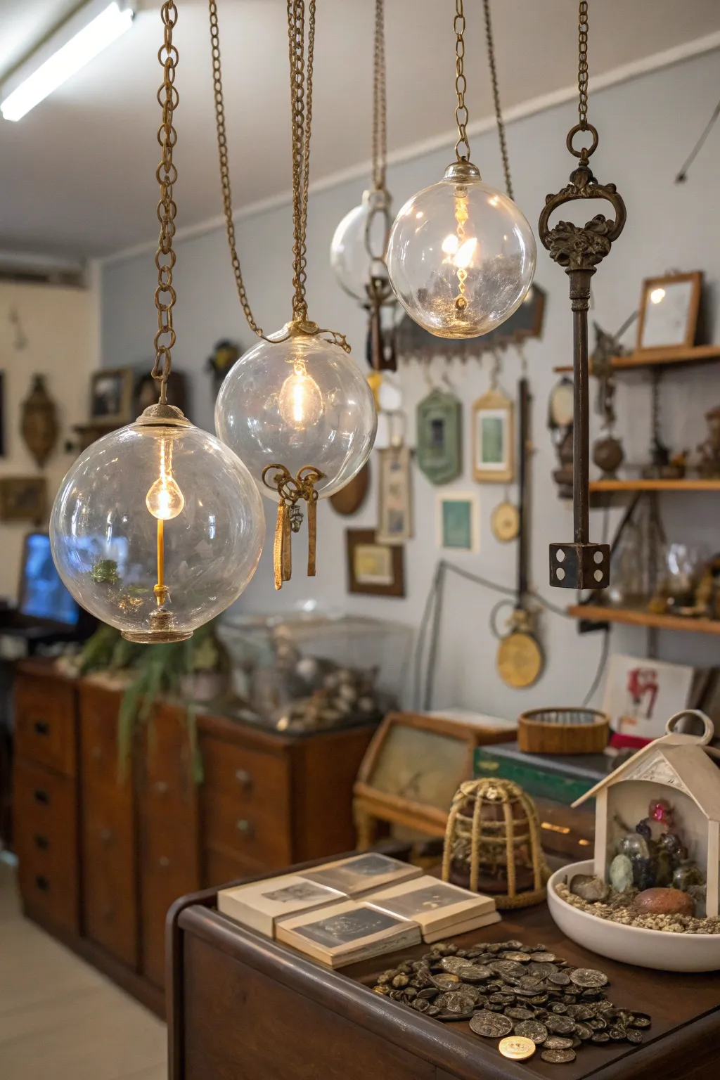 Nostalgic displays in vintage-filled globes.