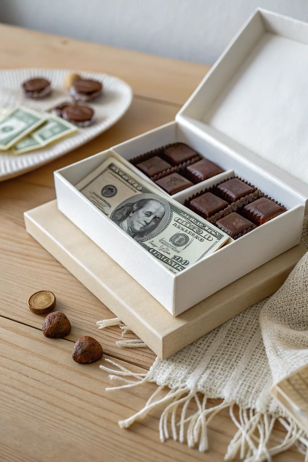 A sweet surprise with a touch of elegance: Hidden cash in a minimalist chocolate box.