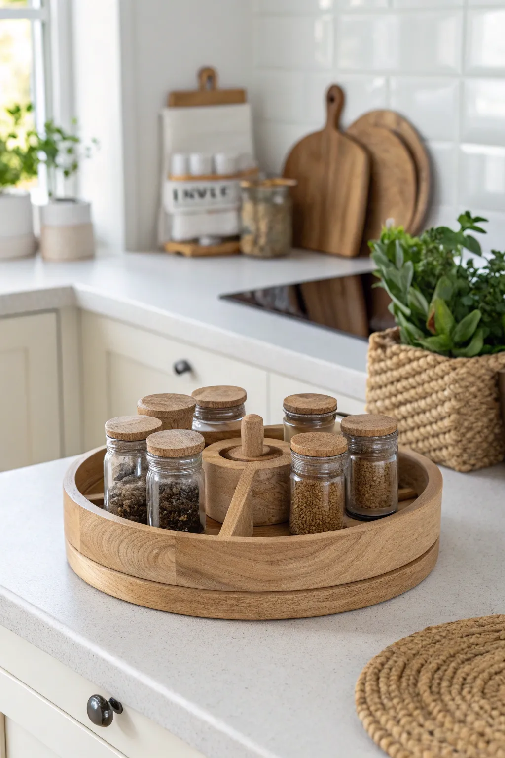 Effortless elegance and space-saving style with a minimalist Lazy Susan spice organizer.
