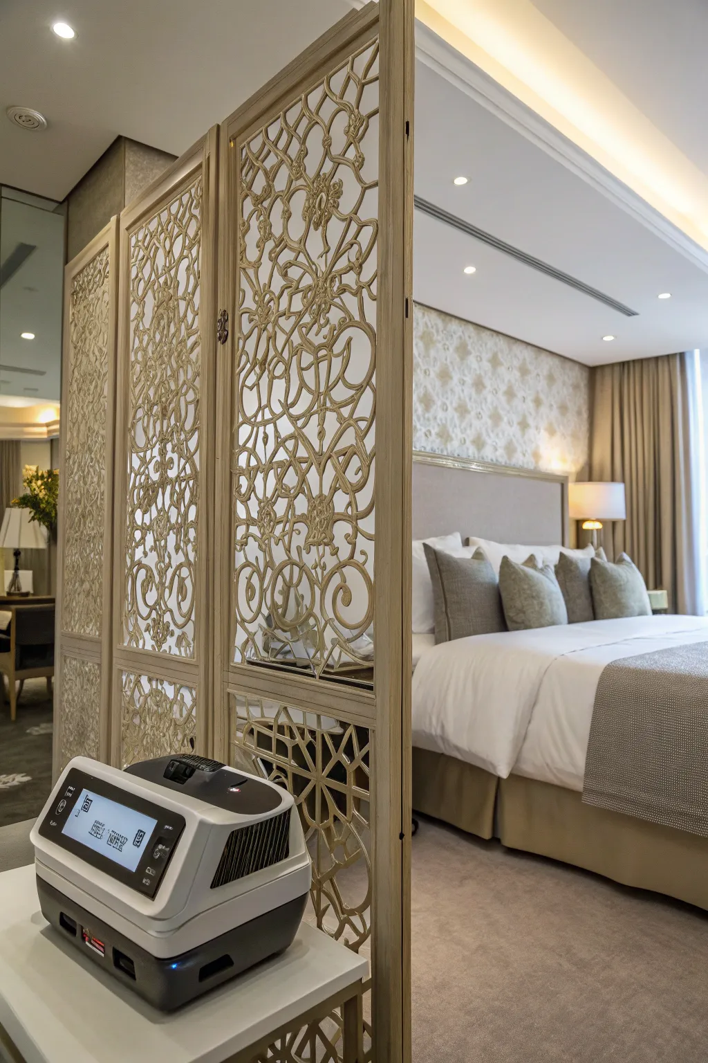 A decorative screen adds style while concealing the CPAP machine.