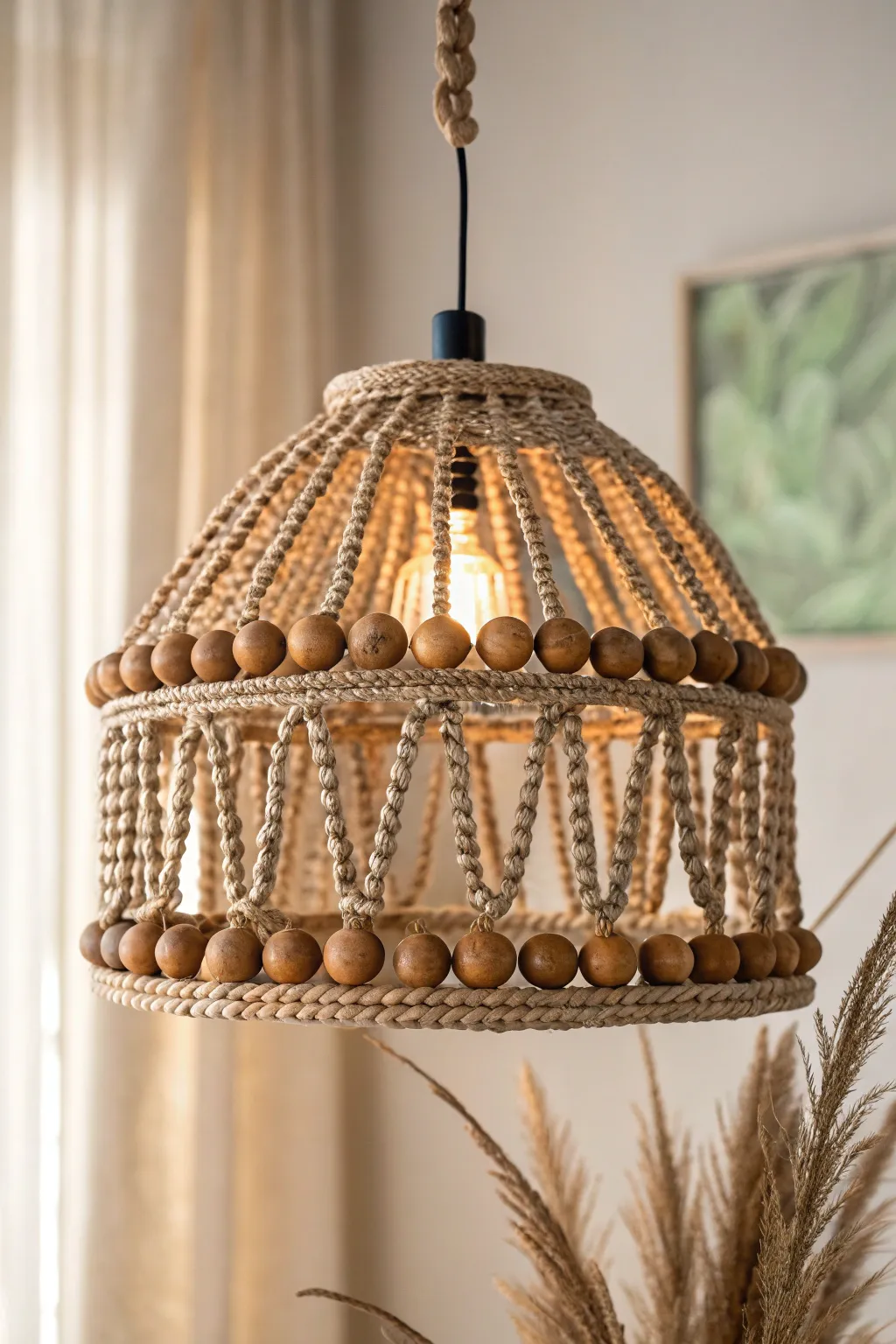 Illuminate your space with boho chic elegance: A handcrafted rope and bead lampshade.