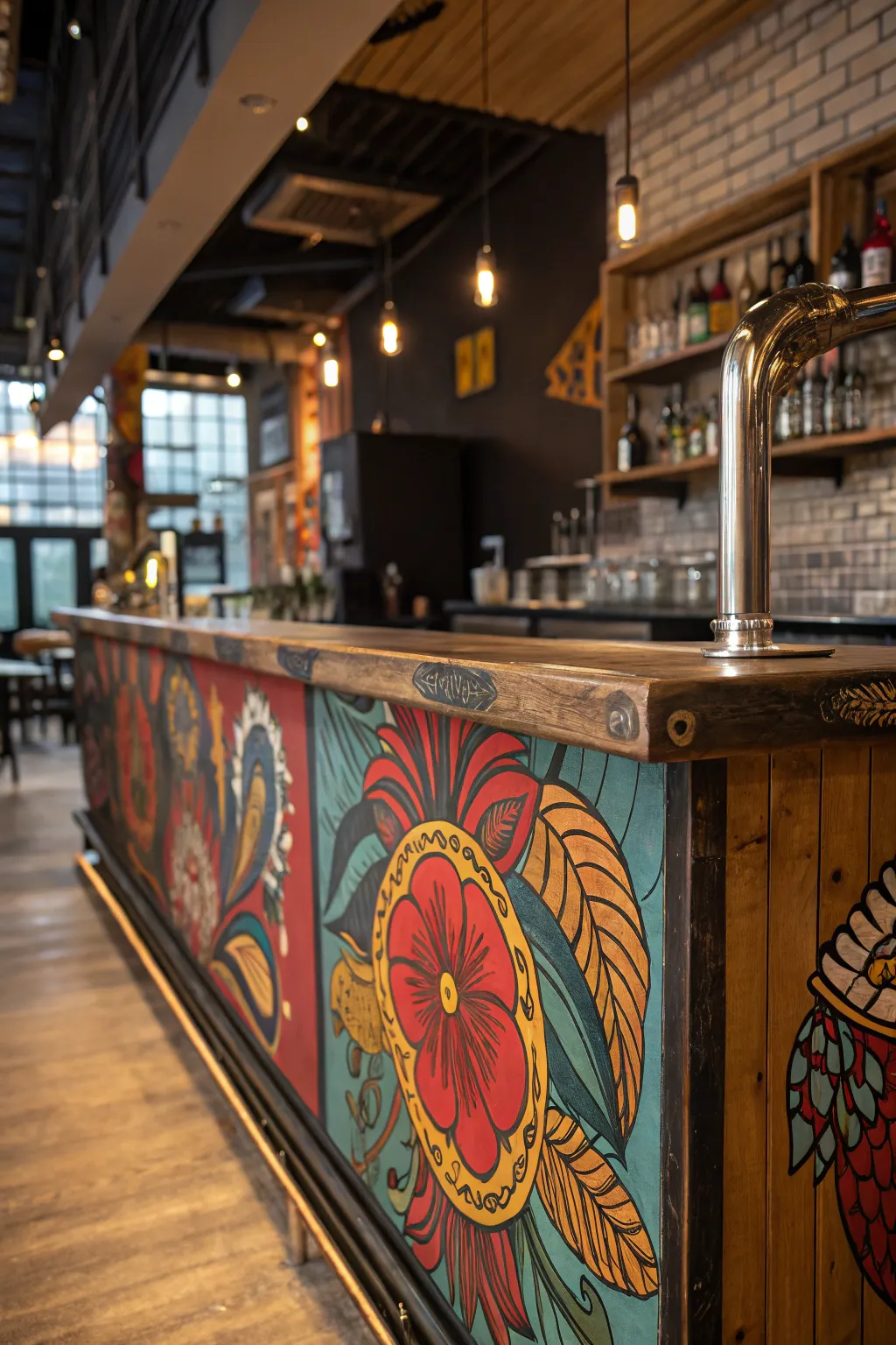 Transform your space with a stunning, hand-painted bar top mural that speaks to your artistic soul.