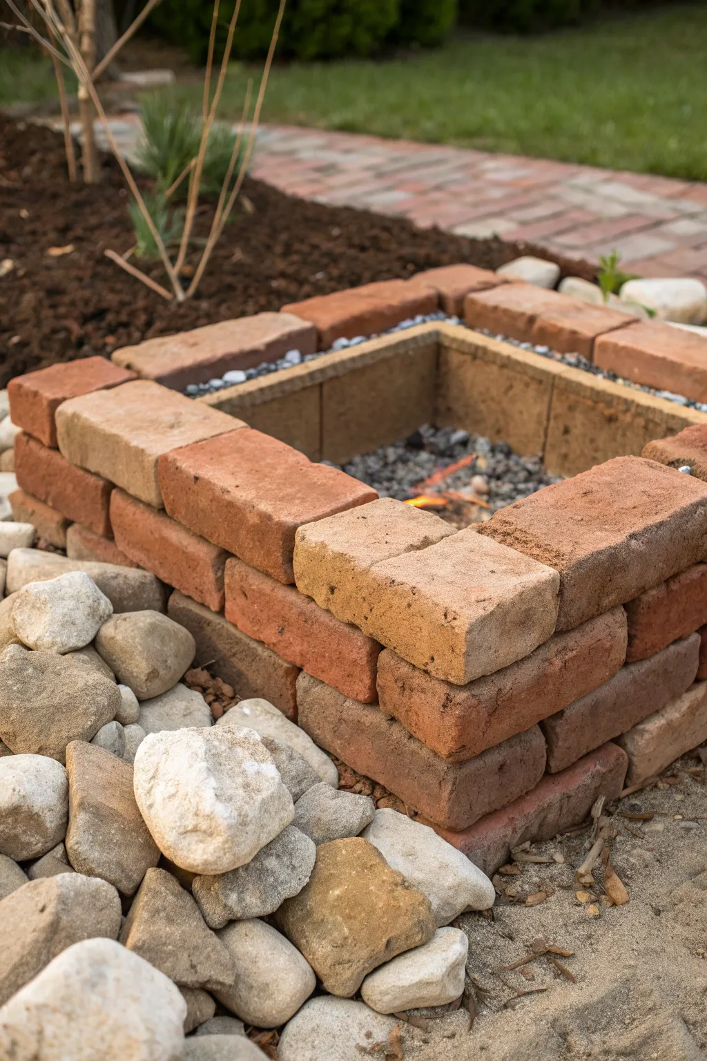 Transform your outdoor space with a rustic brick and stone fire pit that exudes natural elegance.