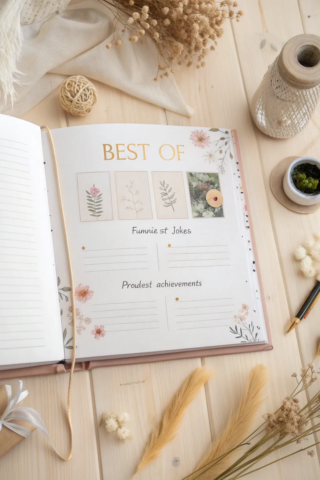 Capture the year's highlights with a beautifully crafted 'Best Of' page that celebrates laughter and achievements in minimalist style.