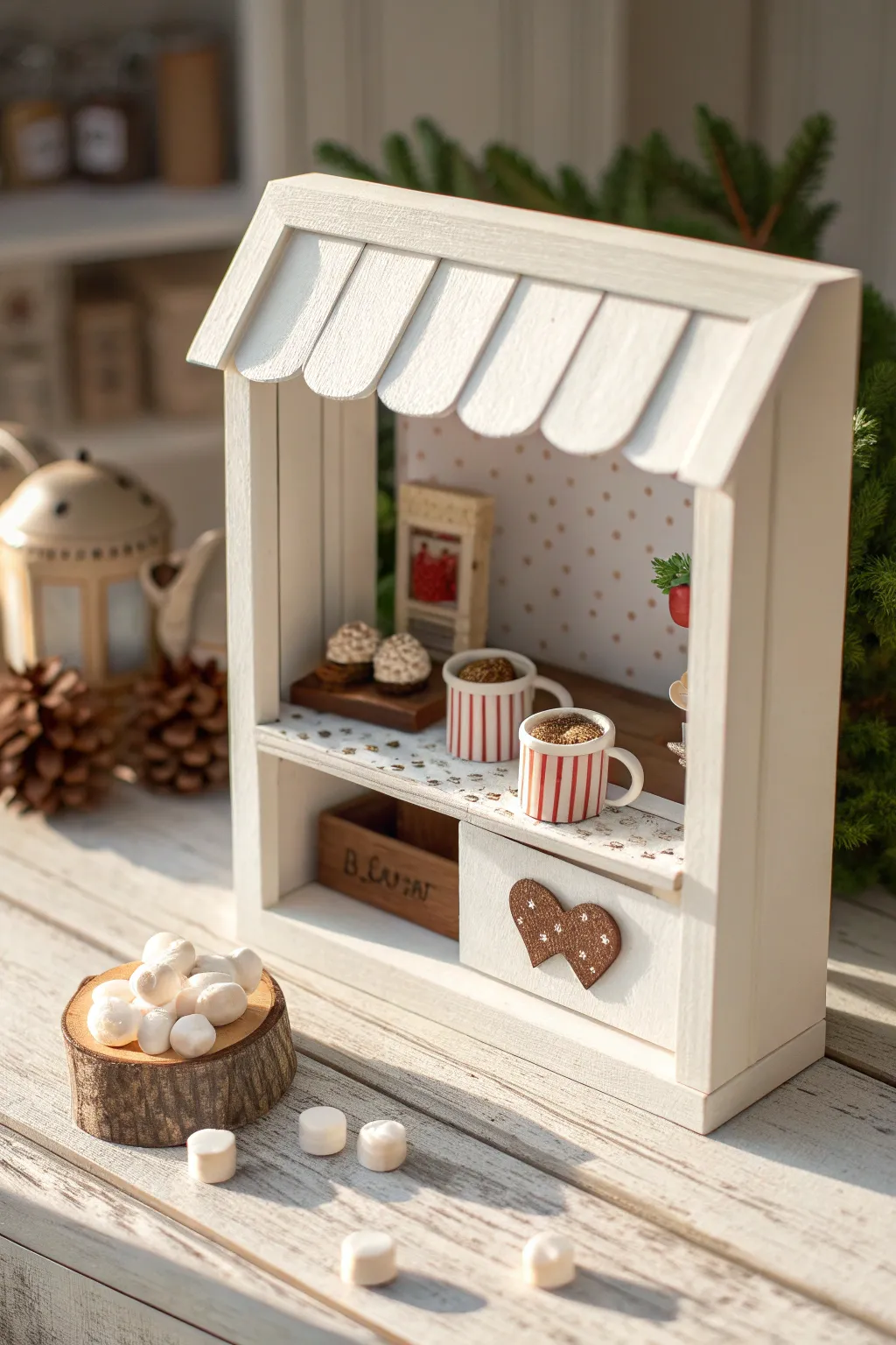 Capture the warmth of cocoa season with this handcrafted 3D cocoa stand scene, a perfect blend of minimalism and boho charm.