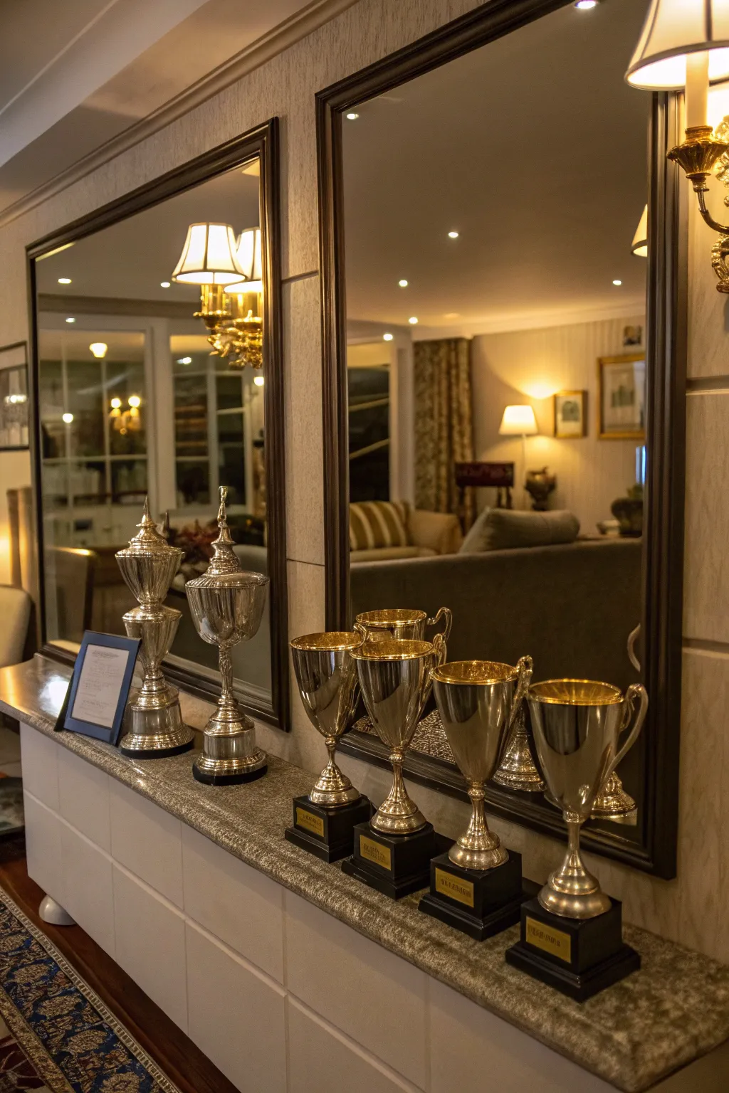 Trophies displayed with mirrors to enhance their appearance.