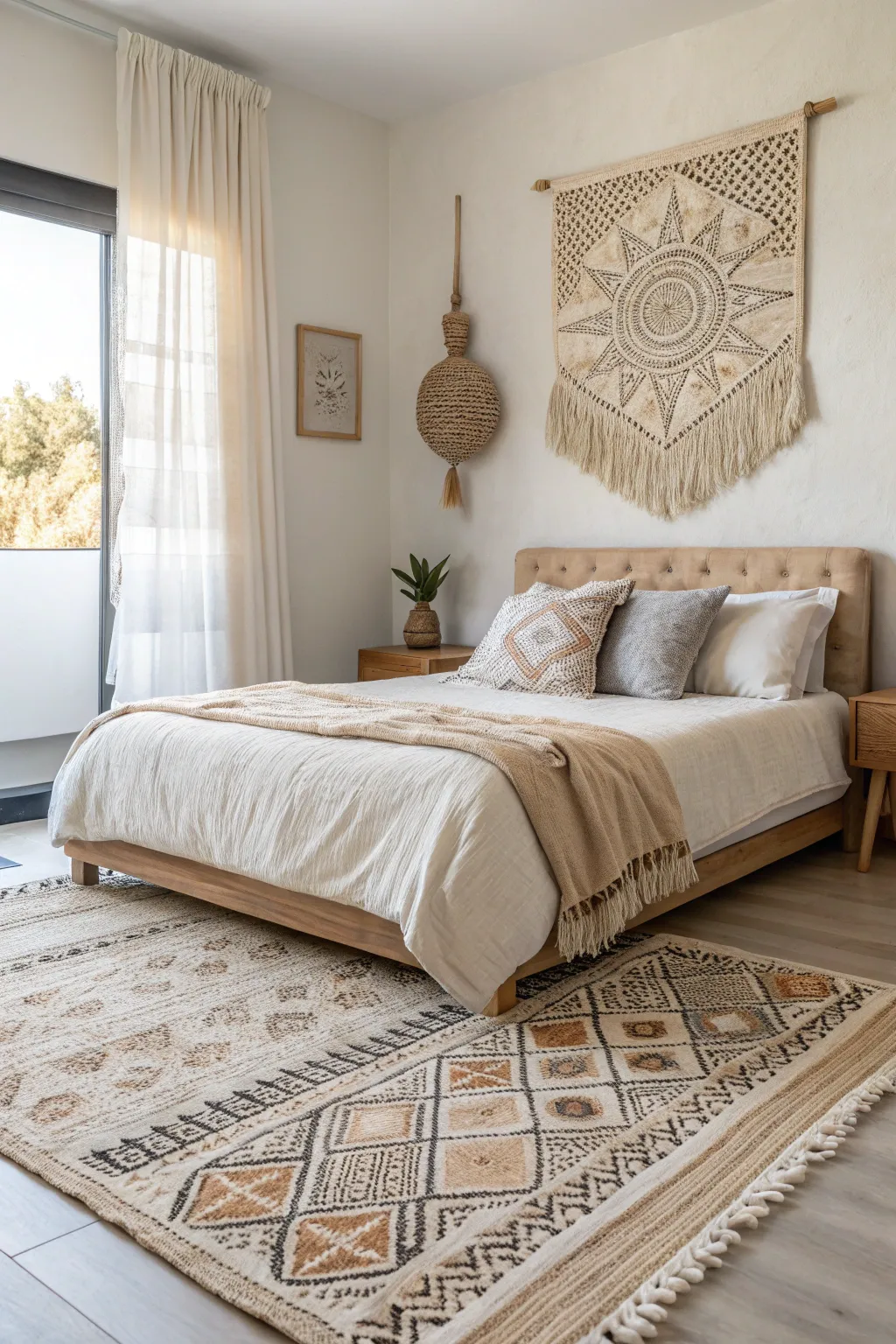Transform your bedroom with a cozy and artistic layered rug headboard. Embrace the simplicity of Scandinavian design with a Boho twist!