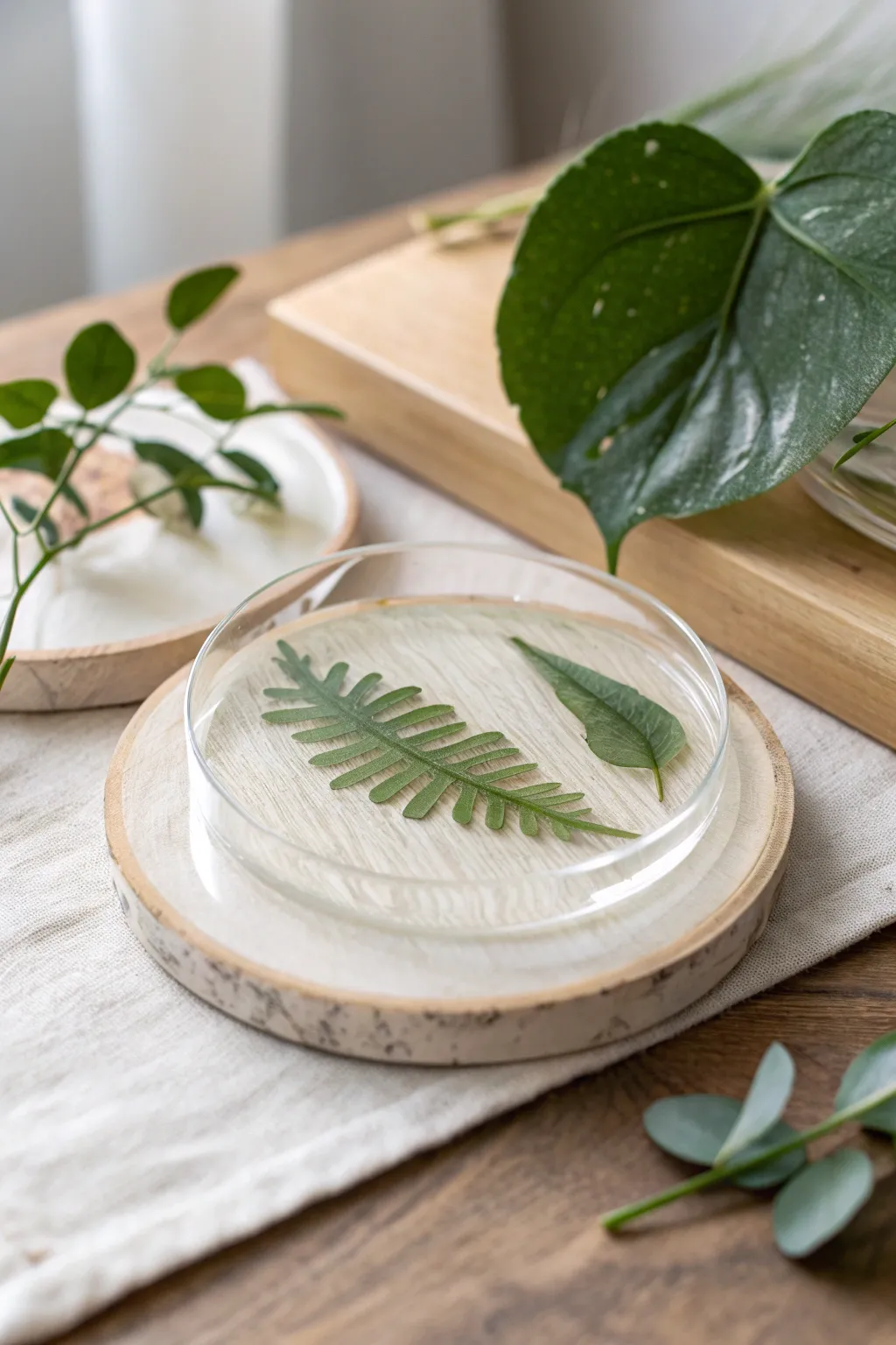 Elevate your space with minimalist chic: a clear resin coaster featuring a single leaf for a touch of nature.