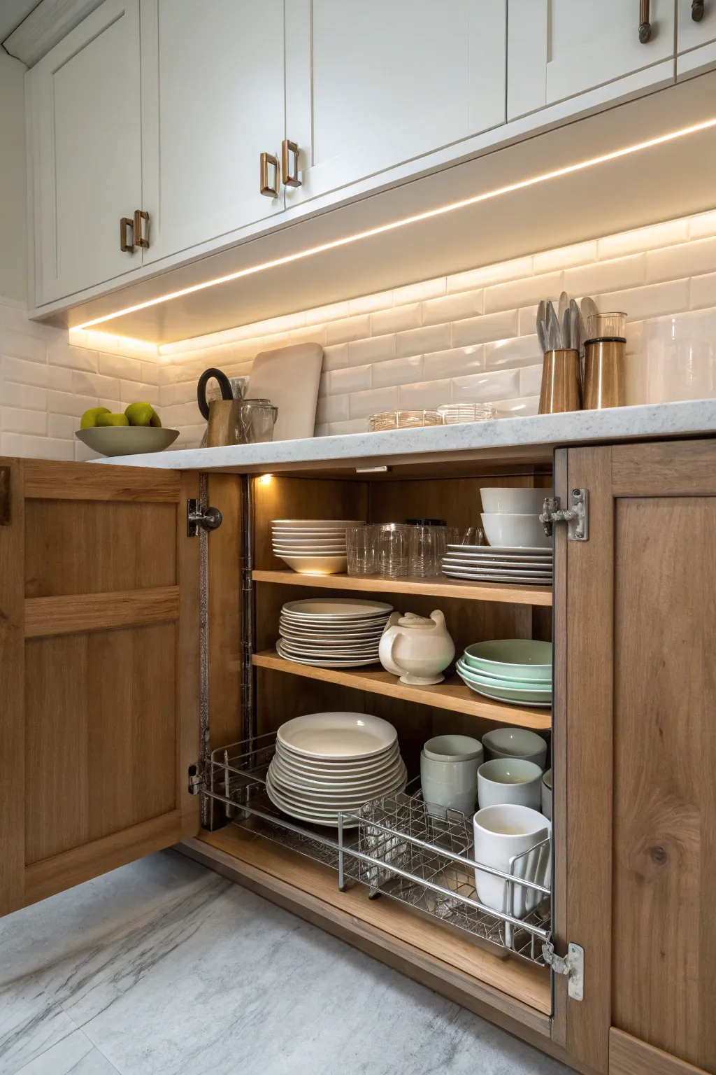 Shelf risers create multiple levels of storage.