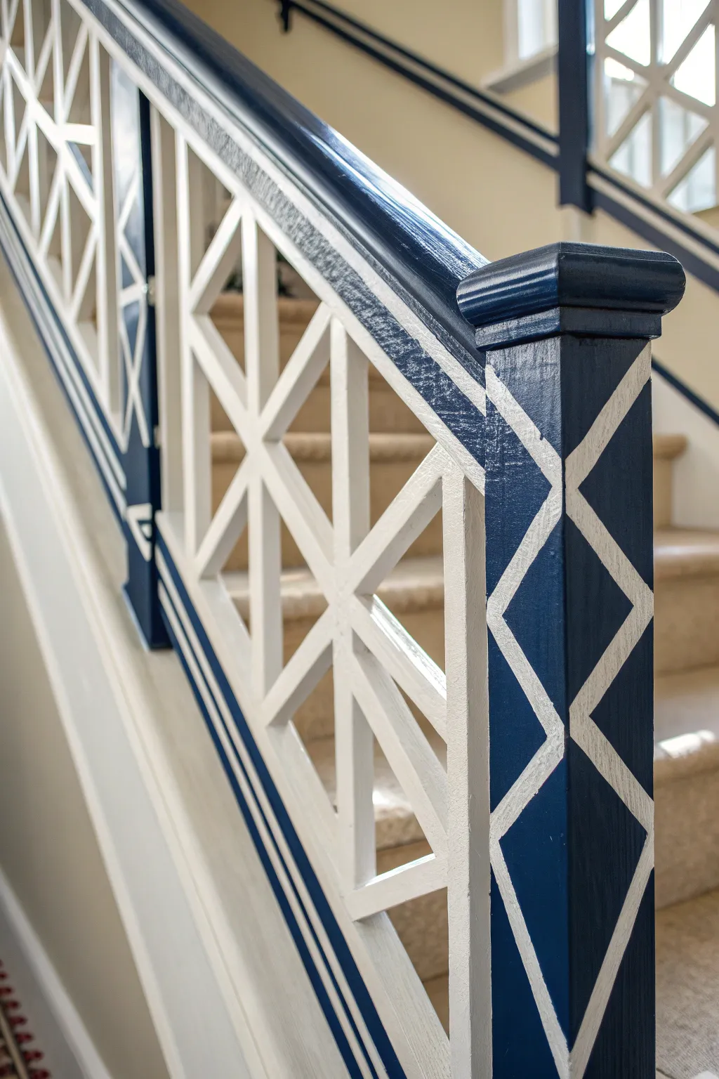 Transform your stairway with striking geometric patterns for a modern, handcrafted look.