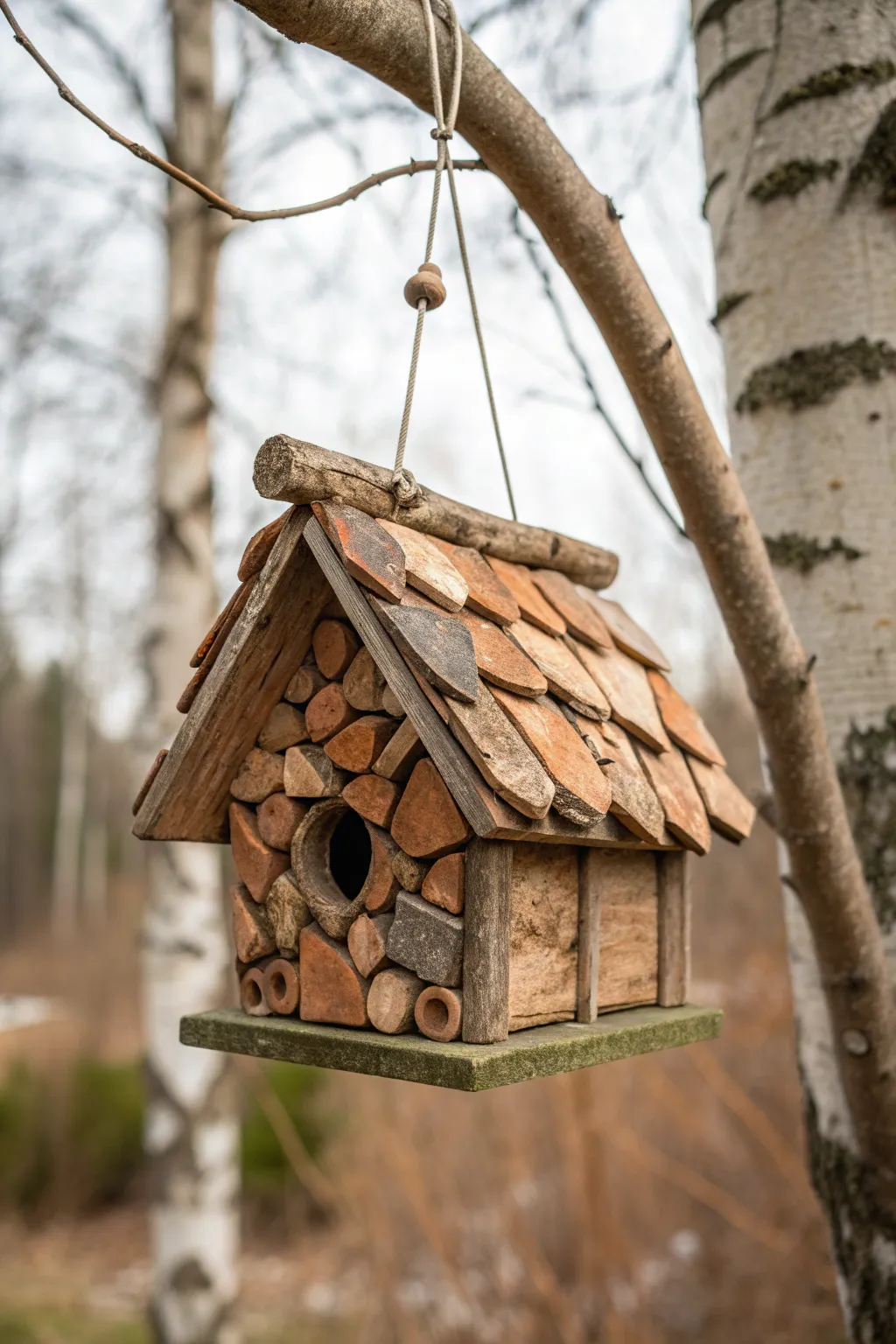Elevate your garden with a charming birdhouse adorned with repurposed clay pot shards.