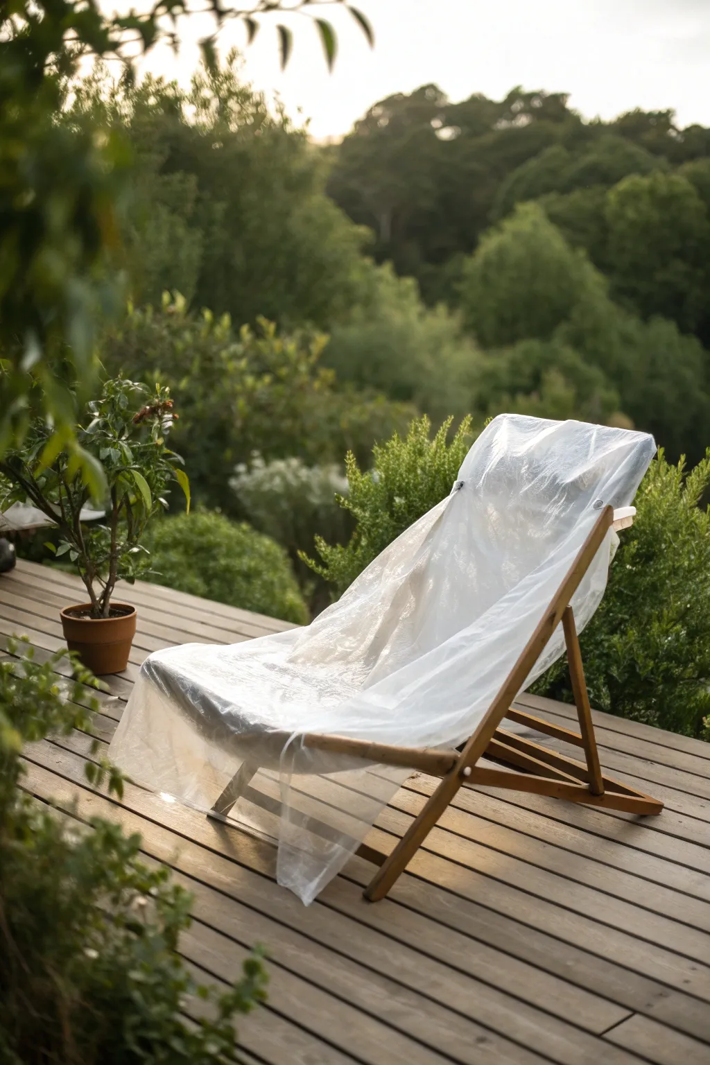 Transforming plastic bags into chic protective covers for your outdoor haven.
