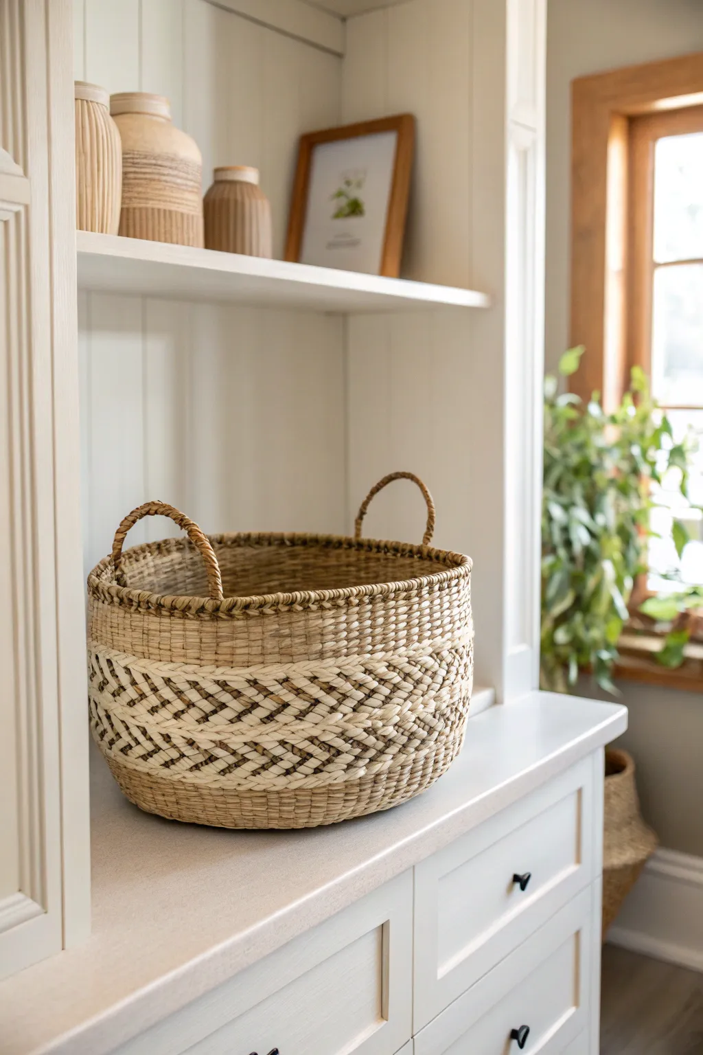 Transform your space with the rustic elegance of woven basket storage. Perfect for adding texture and hidden storage to your minimalist hutch.