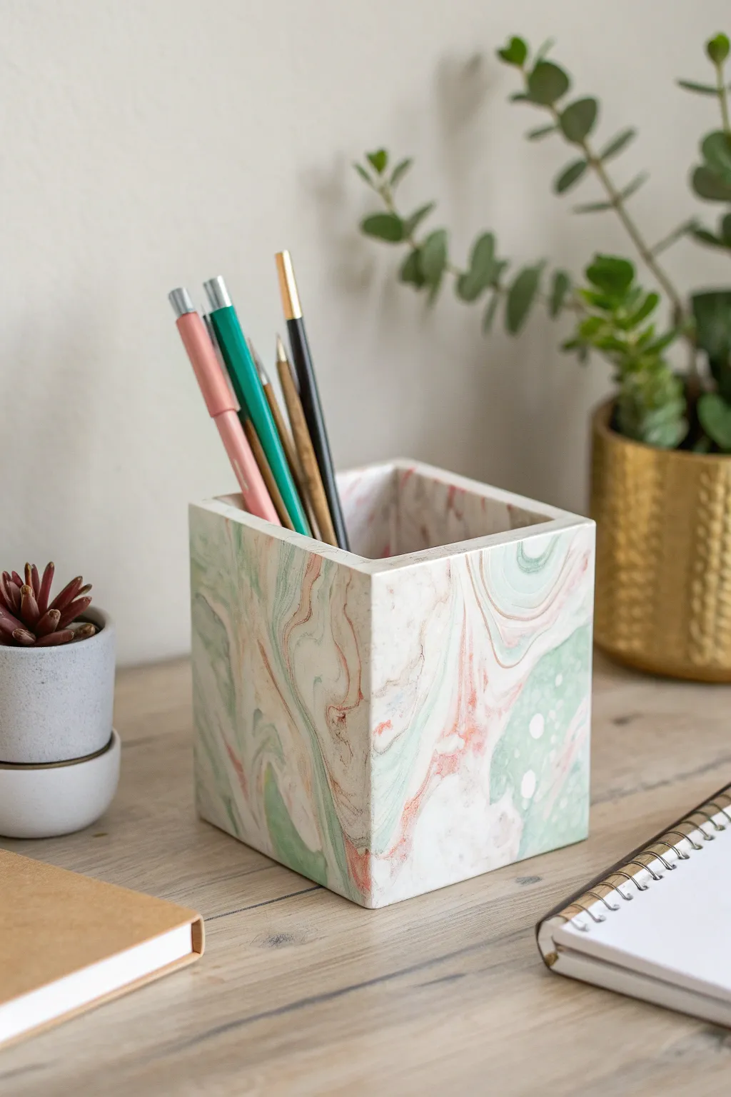 Elevate your workspace with artistic hydro dipped stationery holders — where simplicity meets creativity.